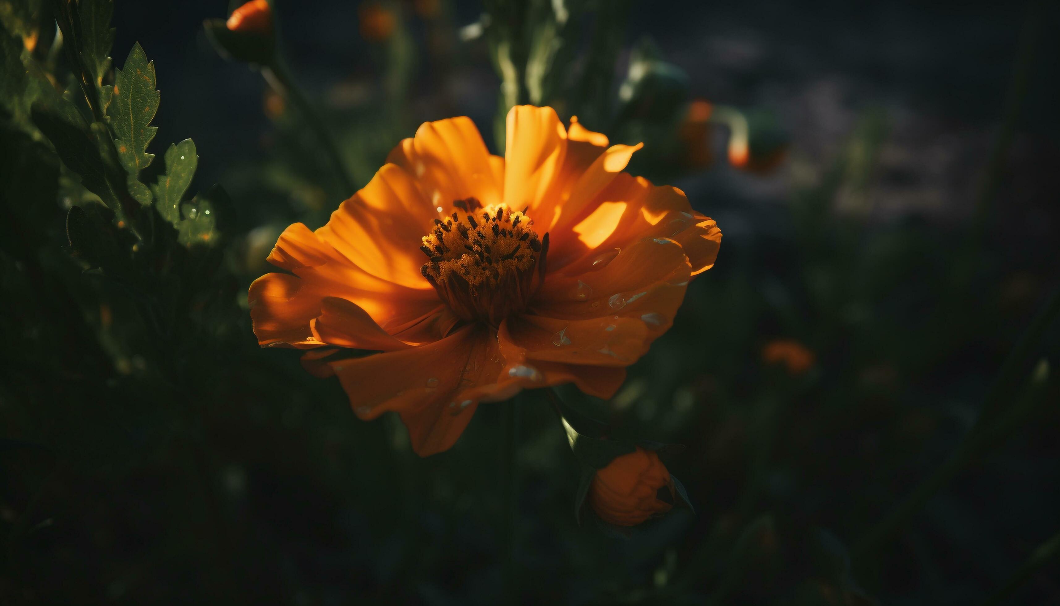 A vibrant yellow flower head with green leaves in focus generated by AI Stock Free