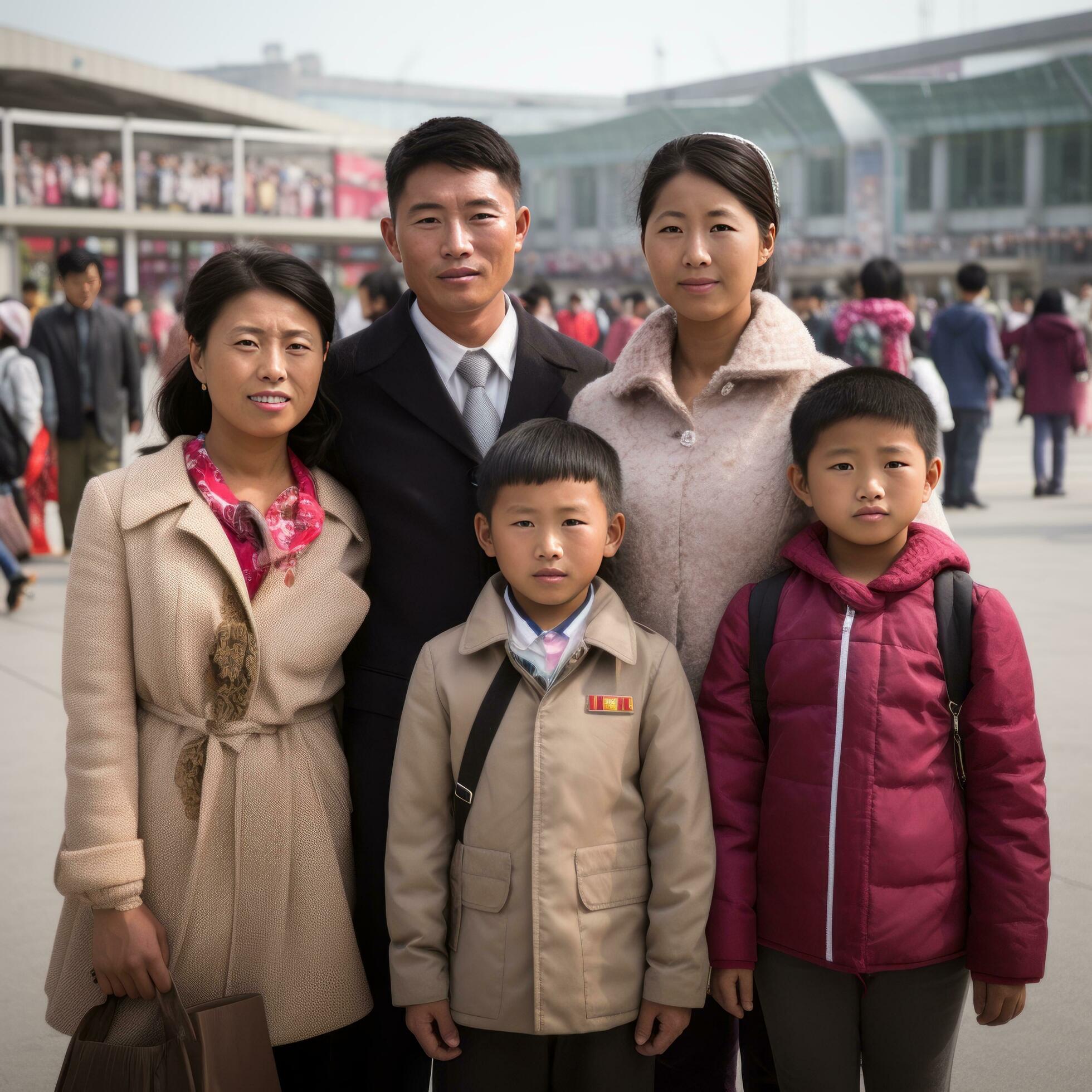 North Korean family on the street looking at the camera. Stock Free