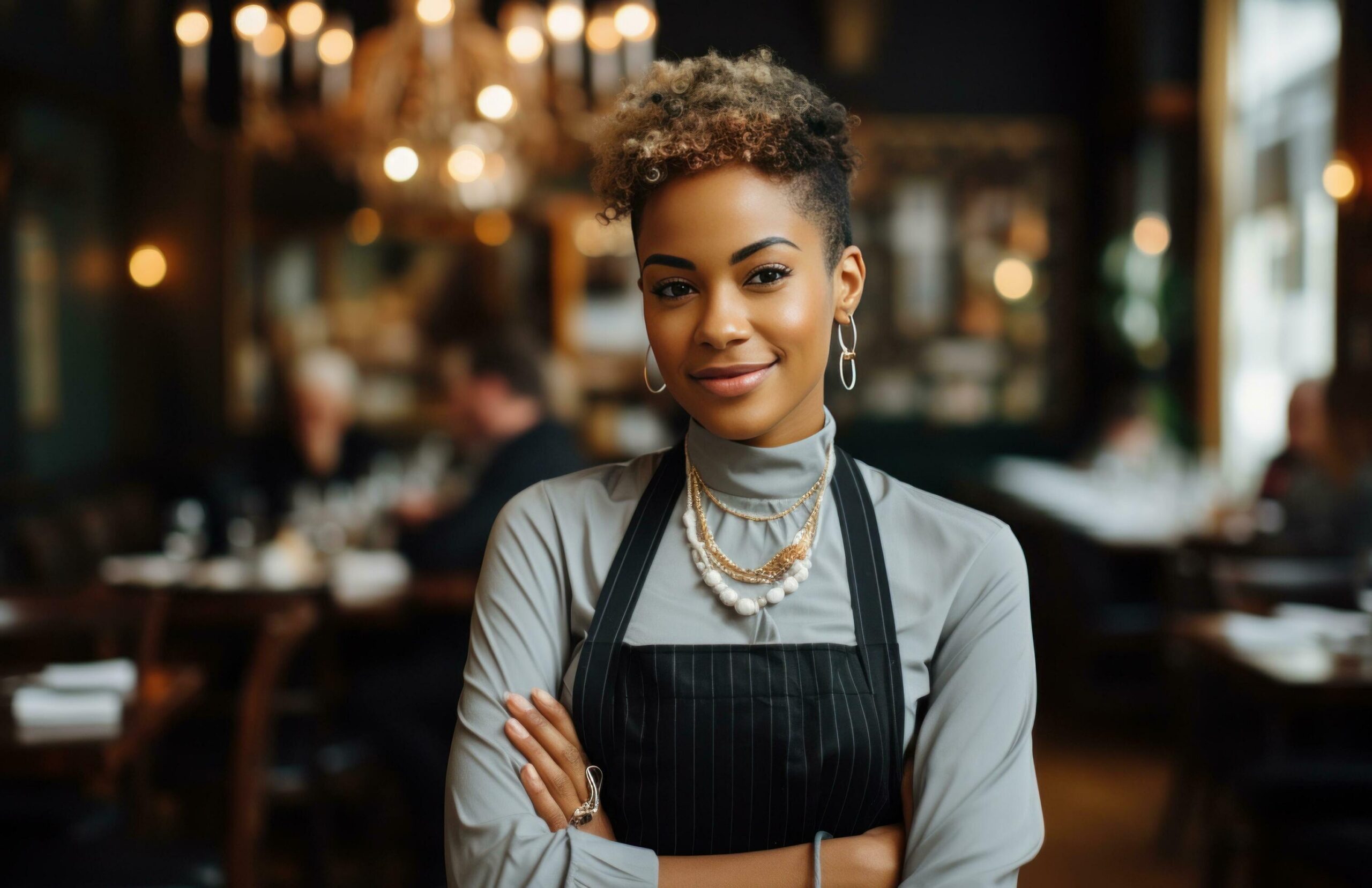 woman chef with a smile and arms crossed posing in a restaurant Free Photo