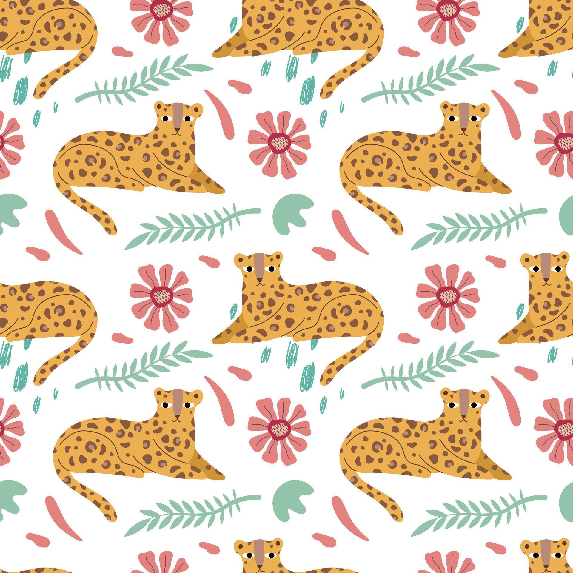 Cute leopard seamless pattern. Tropical flowers and plants, abstract elements. For packaging, background, wallpaper, covers Stock Free