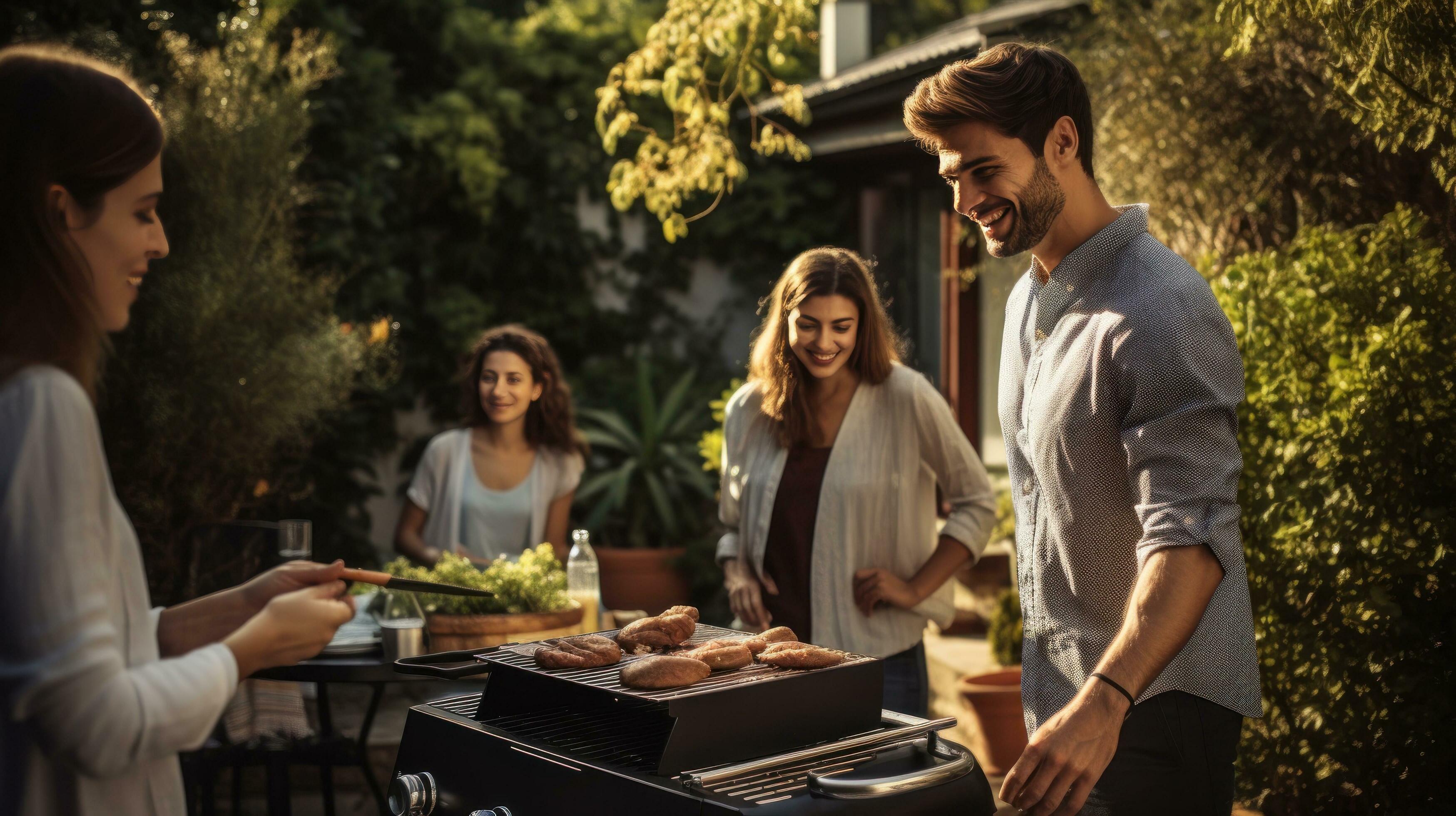 Young family is grilling at the barbecue Stock Free