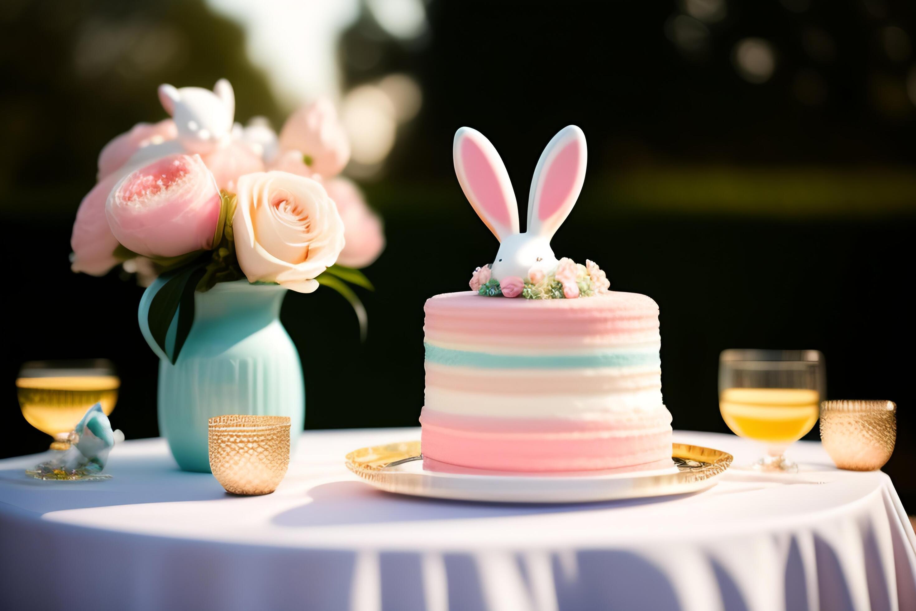 Easter cake decorated with flowers and bunny ears on a white table Stock Free