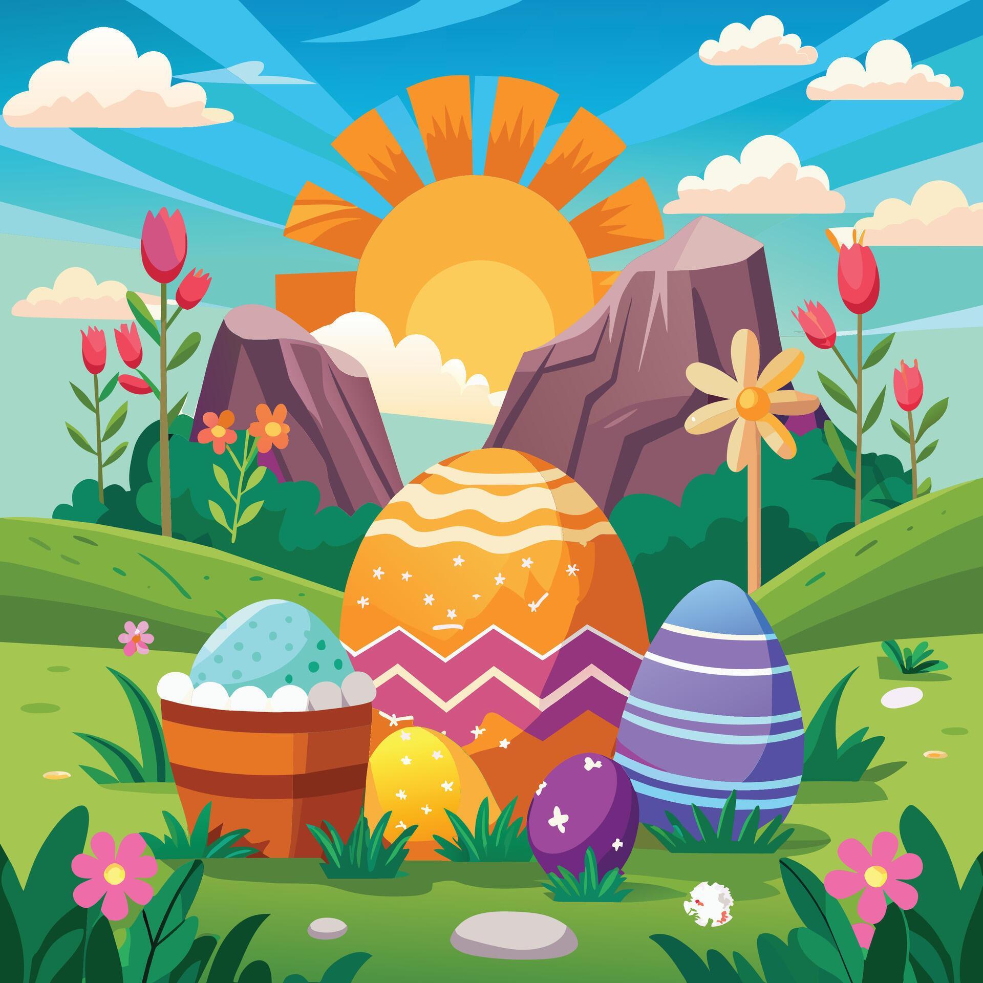 Easter background with colorful eggs and flowers. Vector illustration in flat style Stock Free