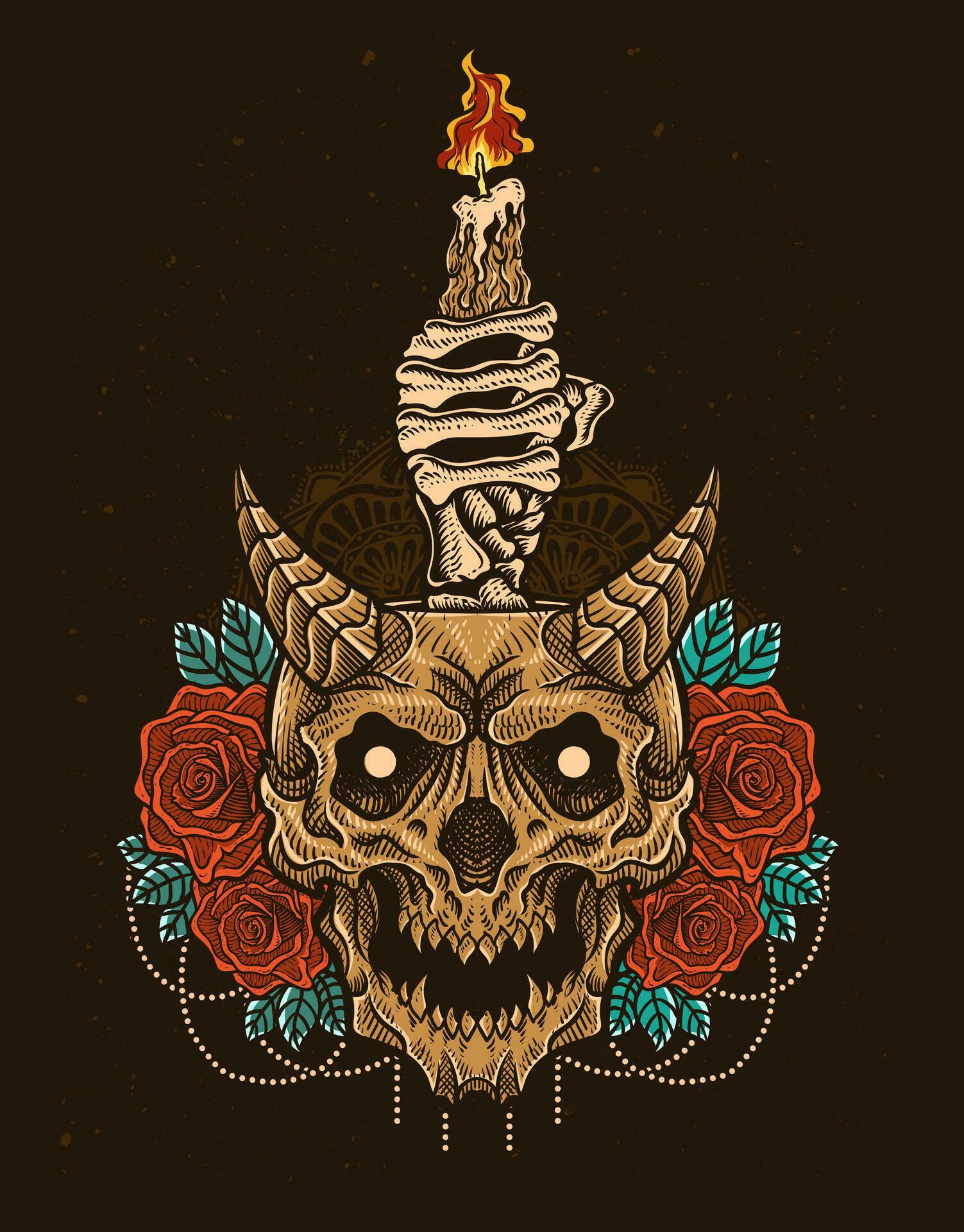 Illustration Hand drawn. Demon skull candle with rose flower Stock Free