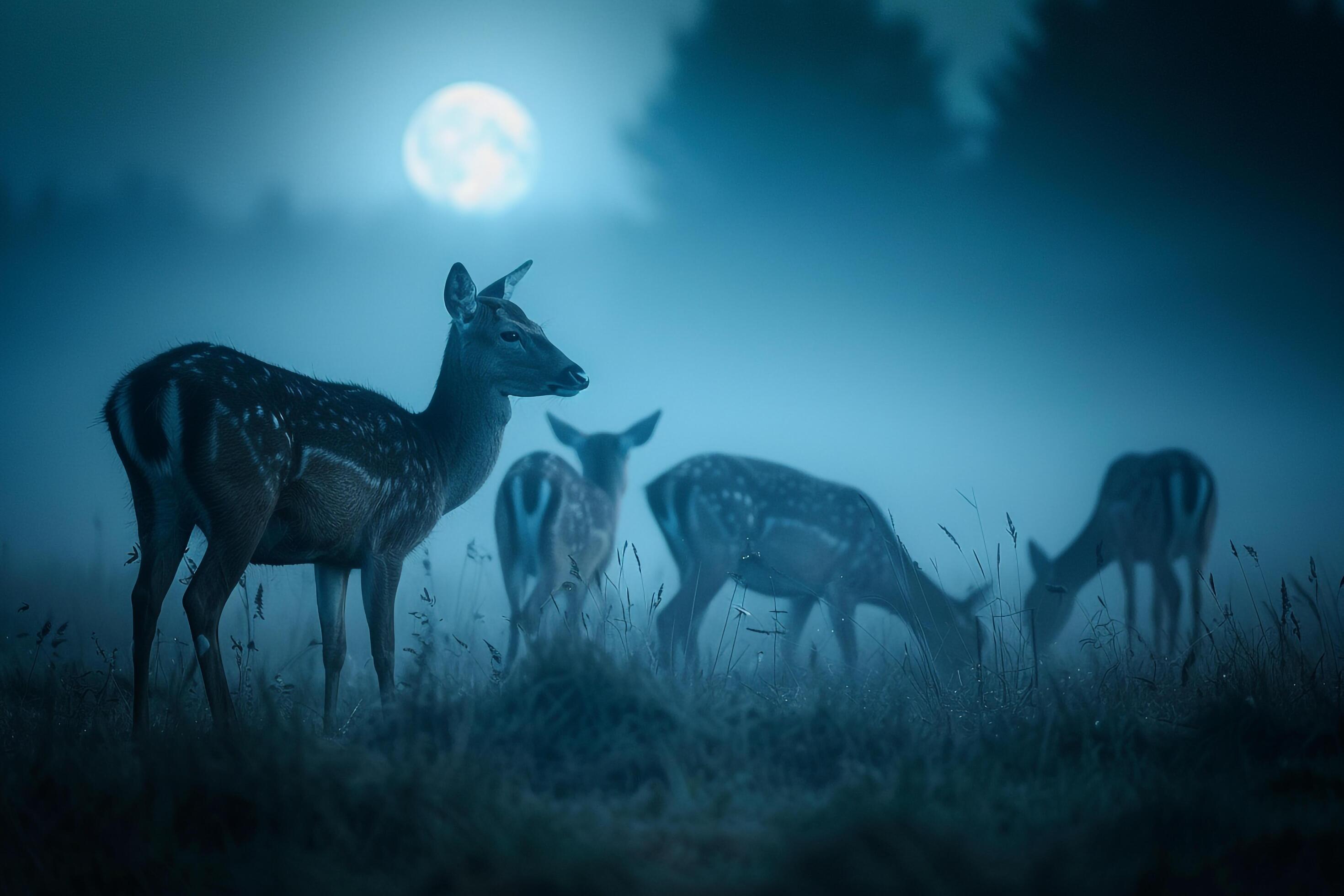 Moonlight Casting Silver Glow on Family of Deer Grazing in Meadow Background in Nature Stock Free