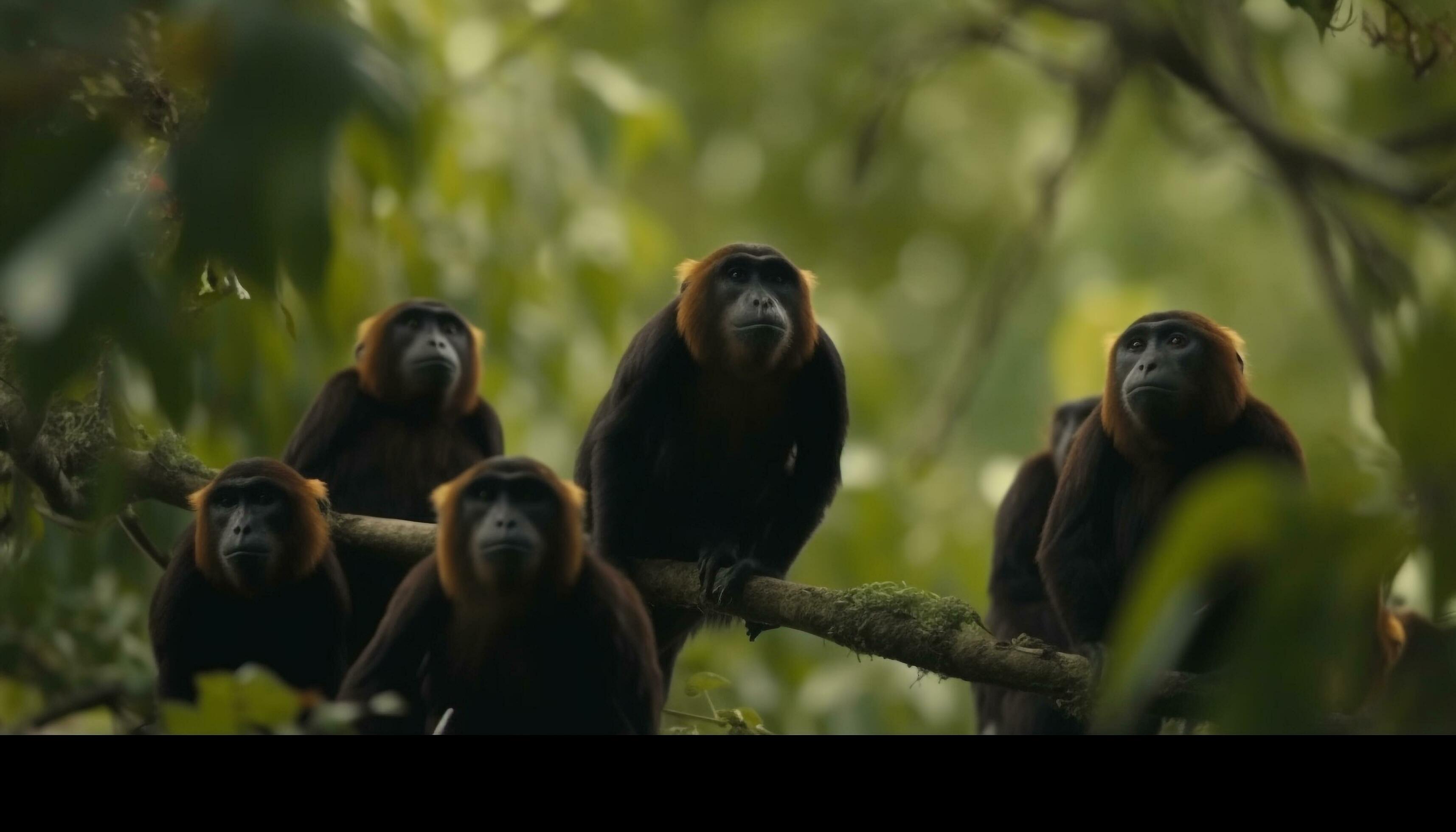 Young primate family eating on green branch generated by AI Stock Free