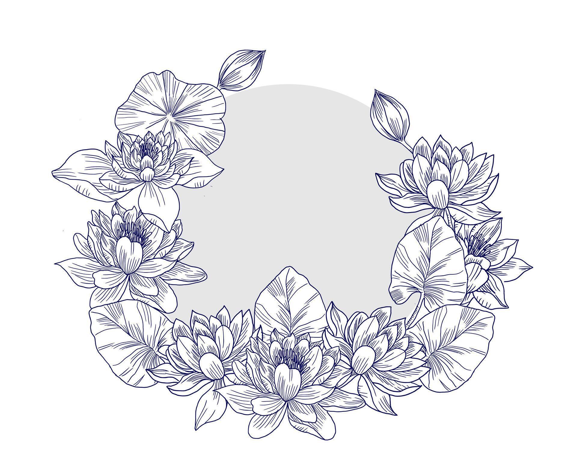 Hand Drawn Water Lily Flower Wreath Stock Free