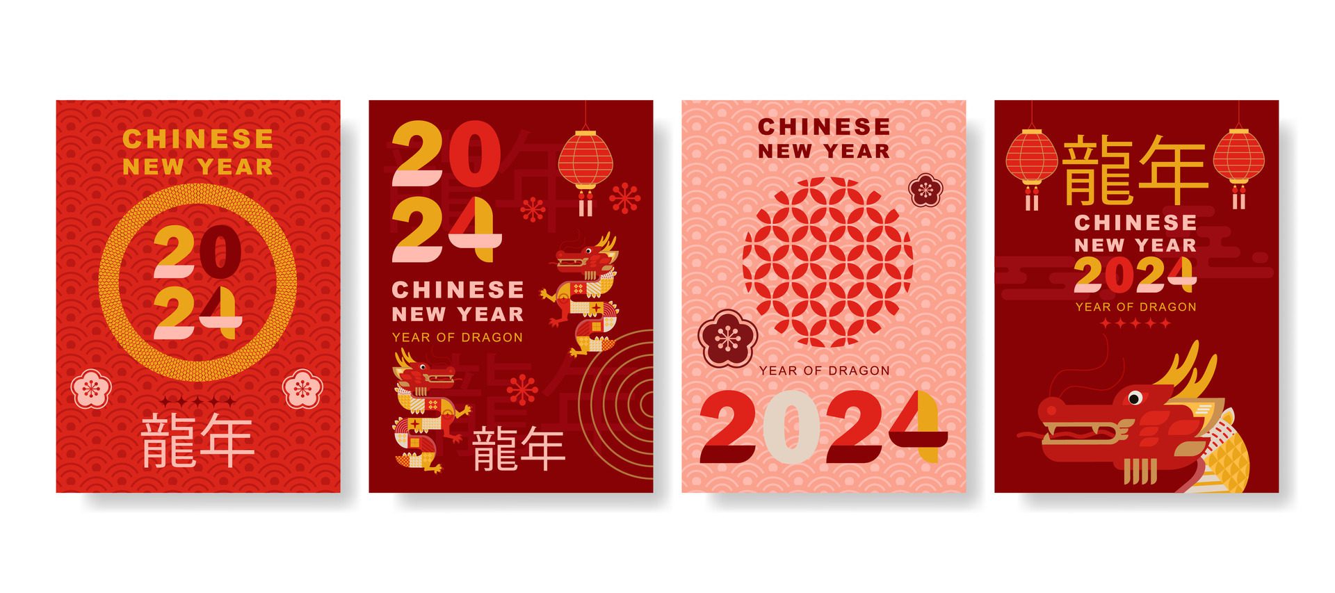 modern art Chinese New Year 2024 design set in red, gold and white colors for cover, card, poster, banner Free Vector