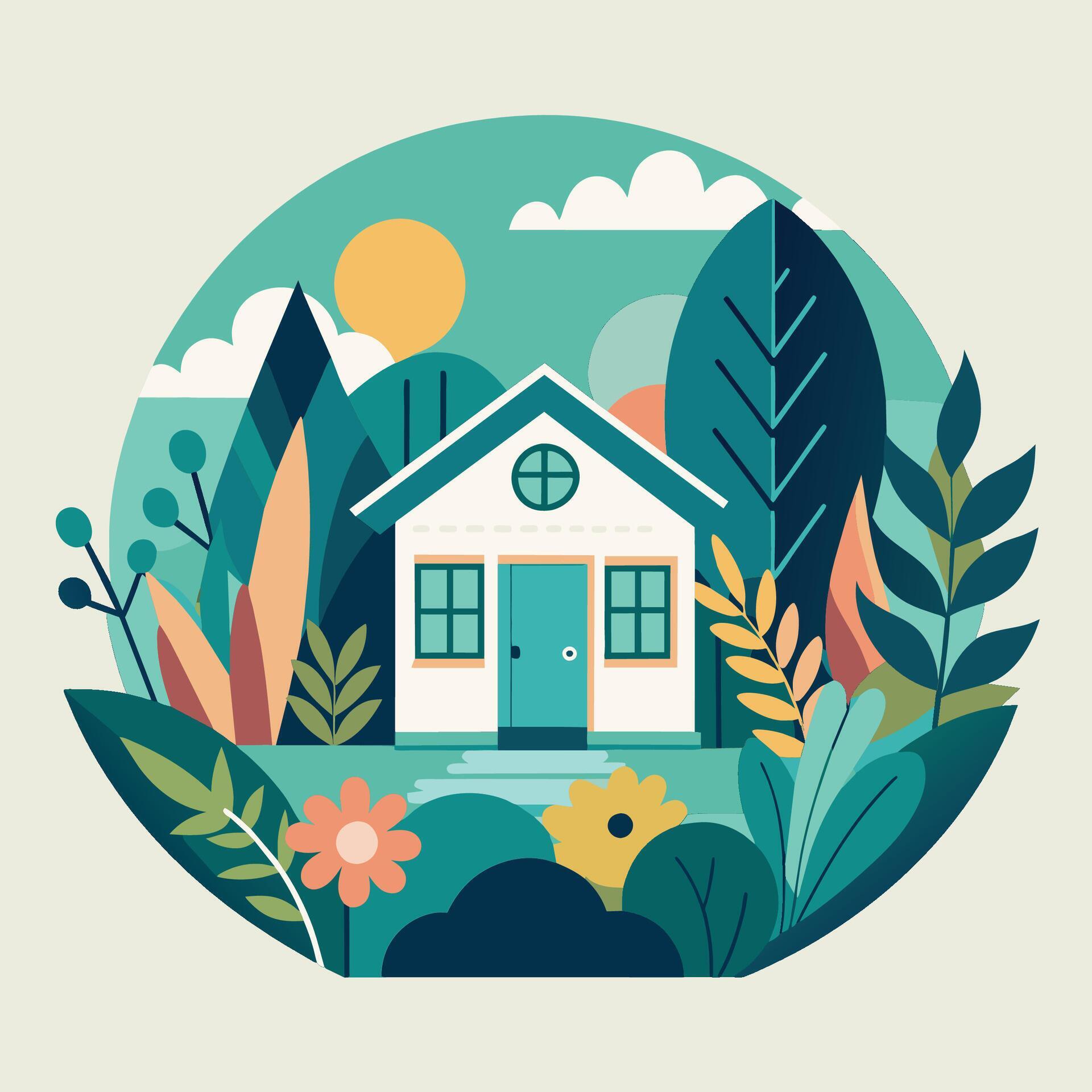 A house nestled among lush trees and colorful flowers, A stylized representation of a cozy home surrounded by a lush garden Stock Free