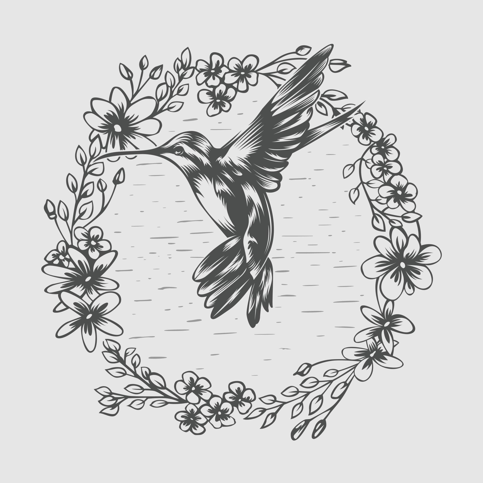 Vector illustration of a hummingbird in flight and surrounded by flowers Stock Free