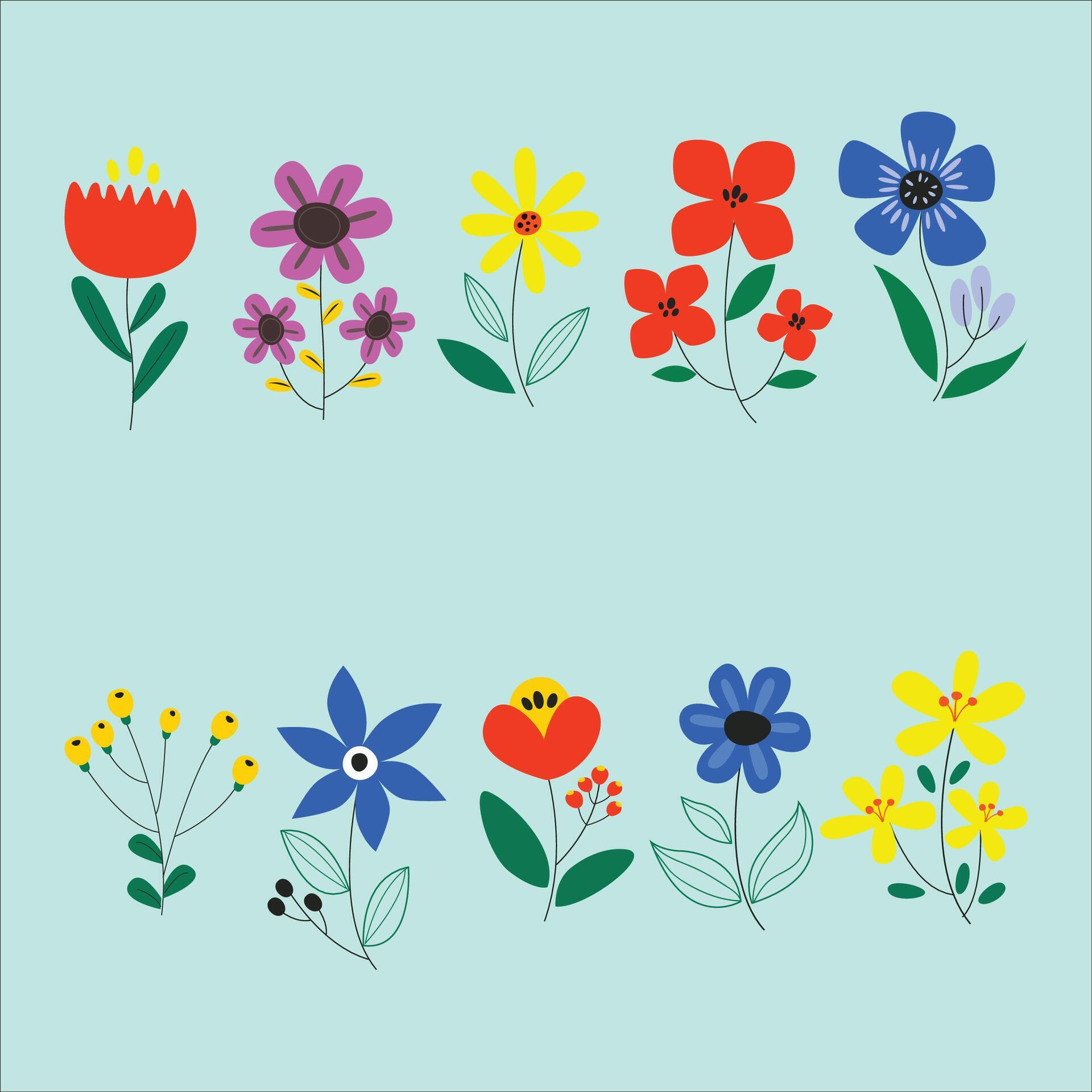 A set of colorful flowers on a blue background. Stock Free