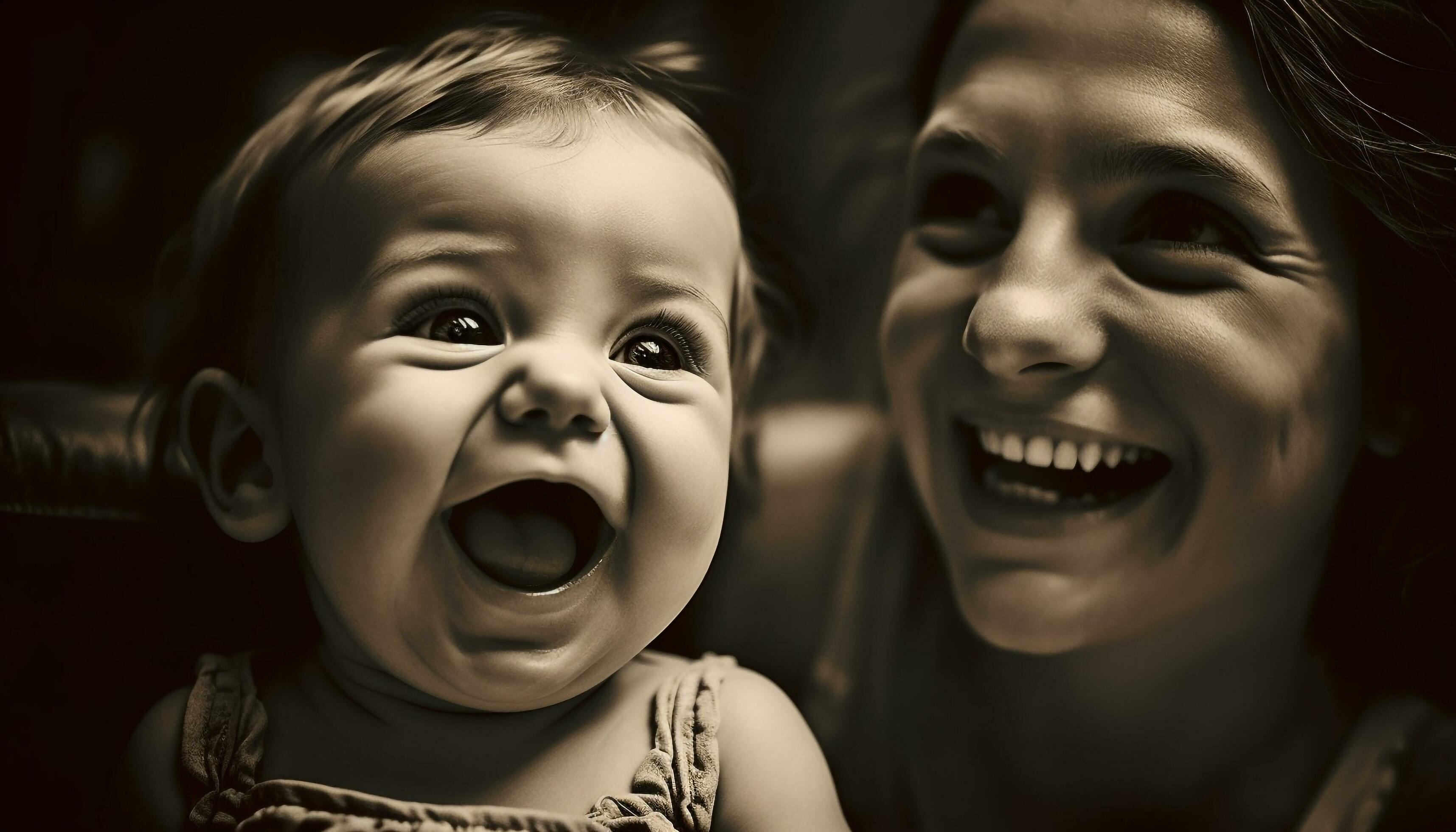 Cute smiling child in black and white portrait with family outdoors generated by AI Stock Free