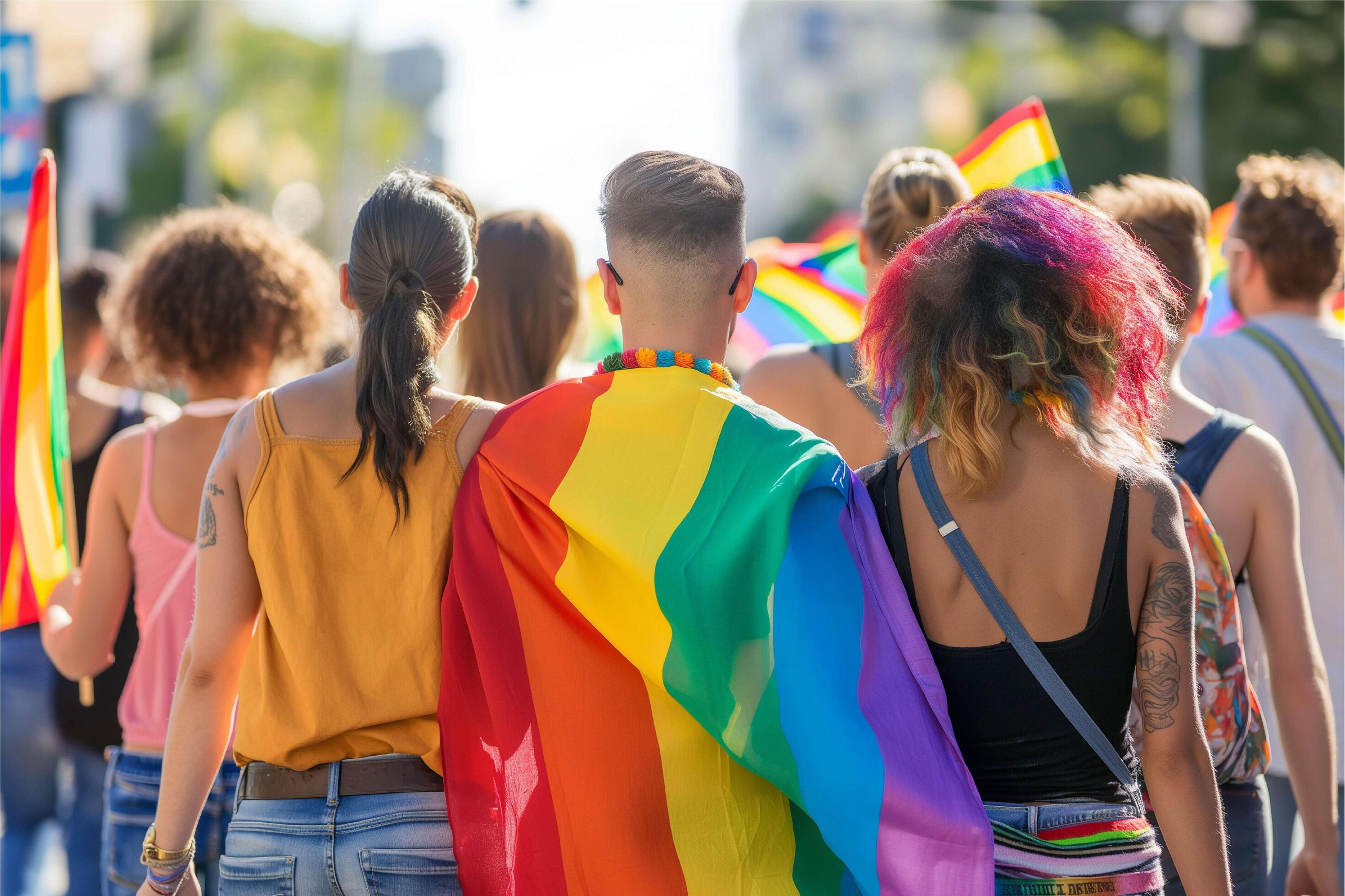 happy people with rainbow lgbt pride parade Stock Free