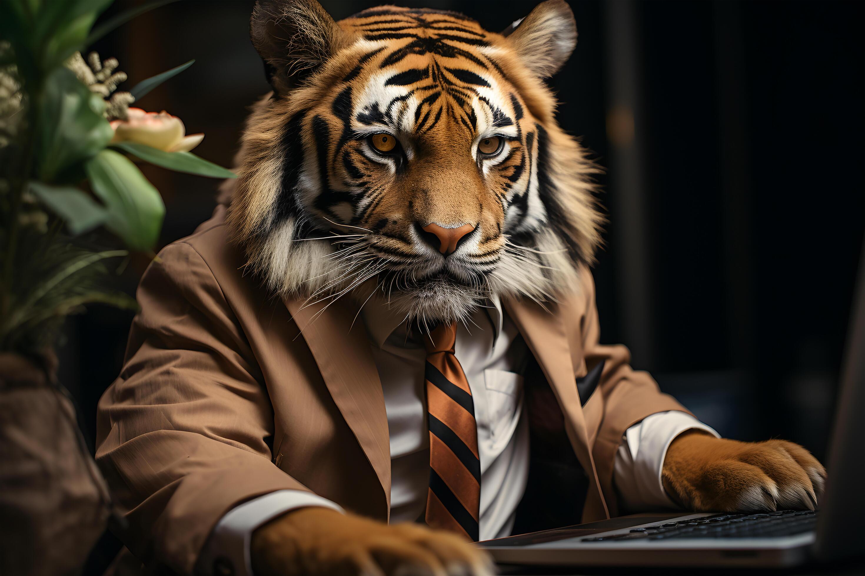 AI generated Tiger in business attire working intently at a computer in a dark office setting Stock Free