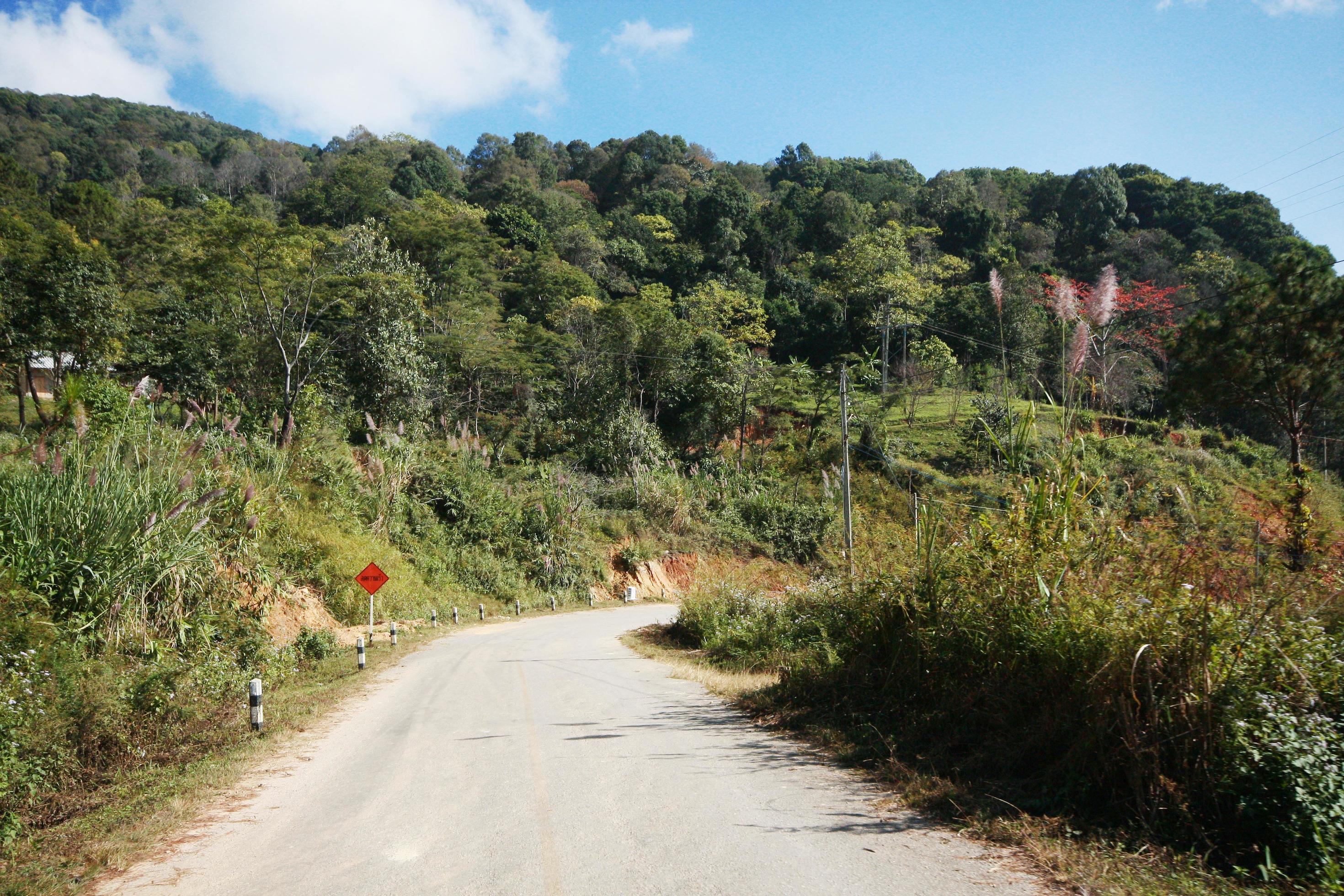 Yellow Sign label warning of curve road on the mountain in Thailand Stock Free