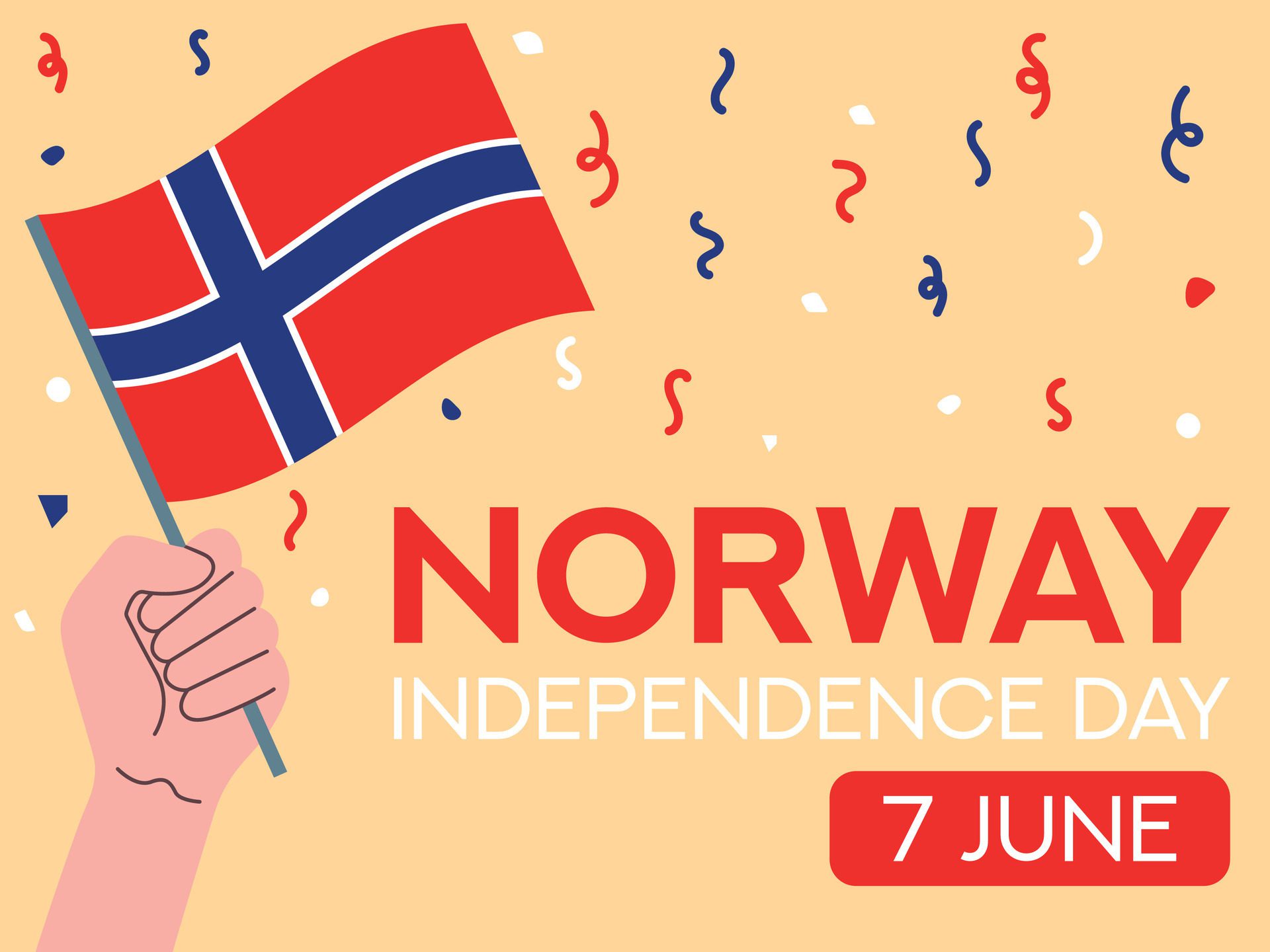 Norway independence day 7 June. Norway flag in hand. Greeting card, poster, banner template Free Vector