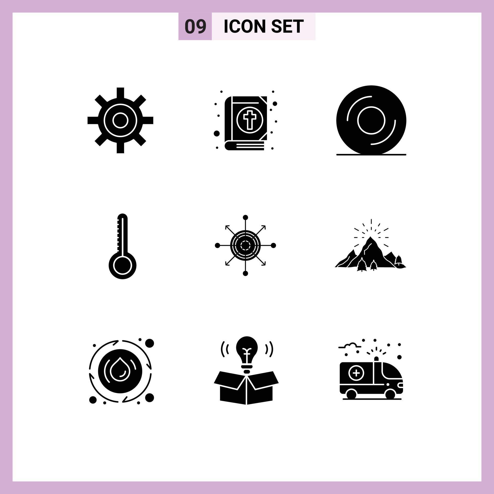 Solid Glyph Pack of 9 Universal Symbols of arrow board cd focus thermometer Editable Vector Design Elements Stock Free