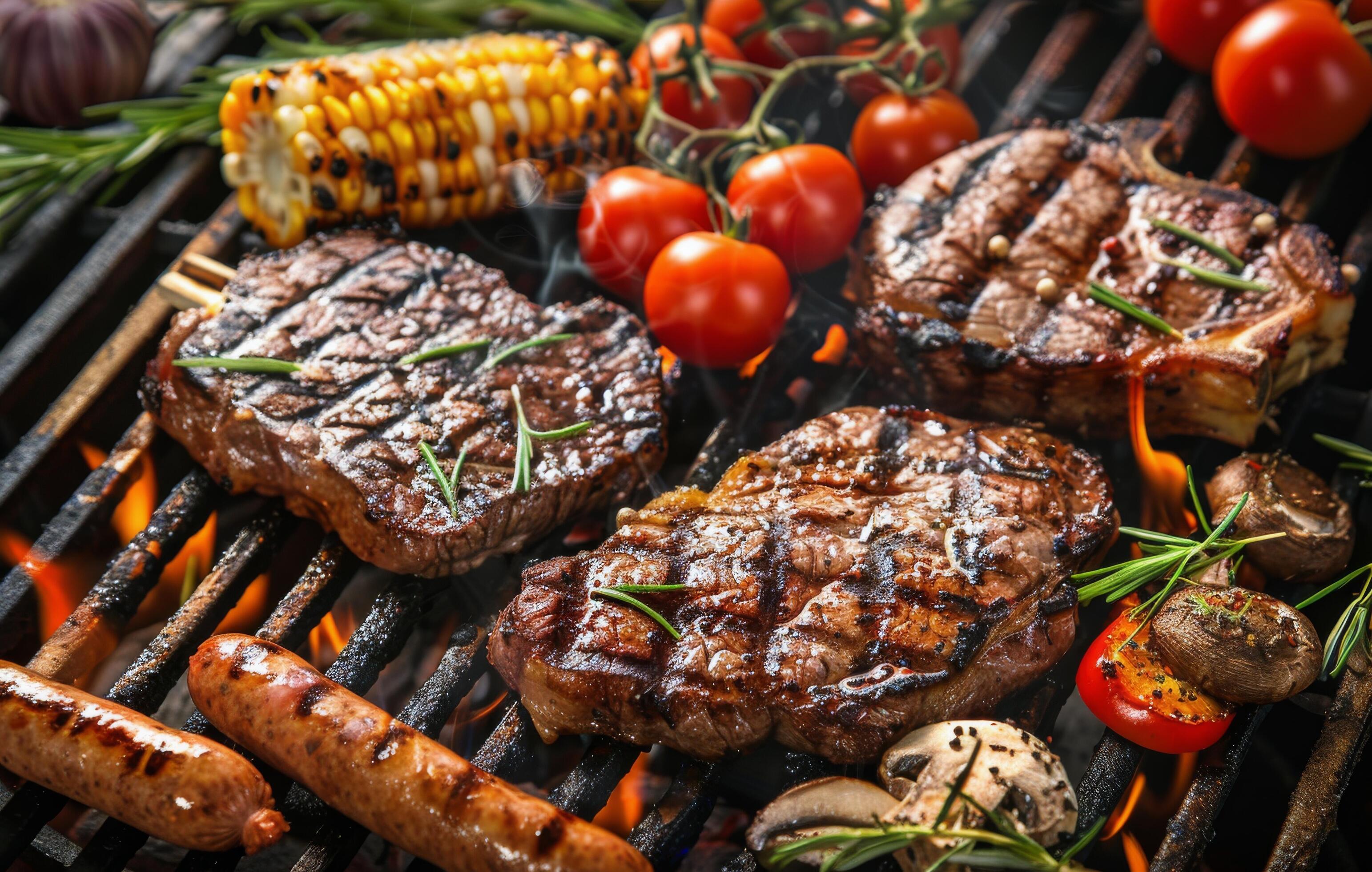 Grilled Steaks, Sausages, and Vegetables on a Charcoal Grill Stock Free