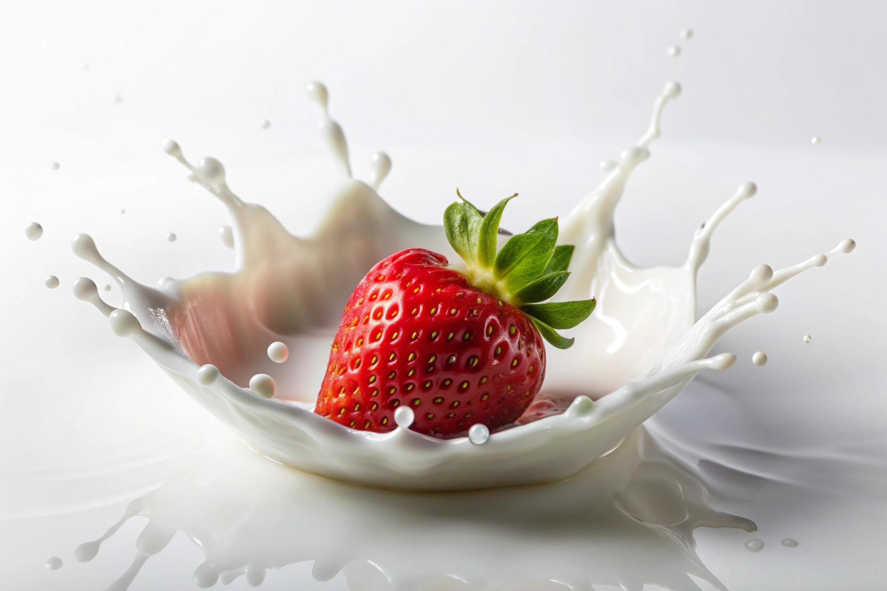 Milk splashes with strawberry on white background Stock Free