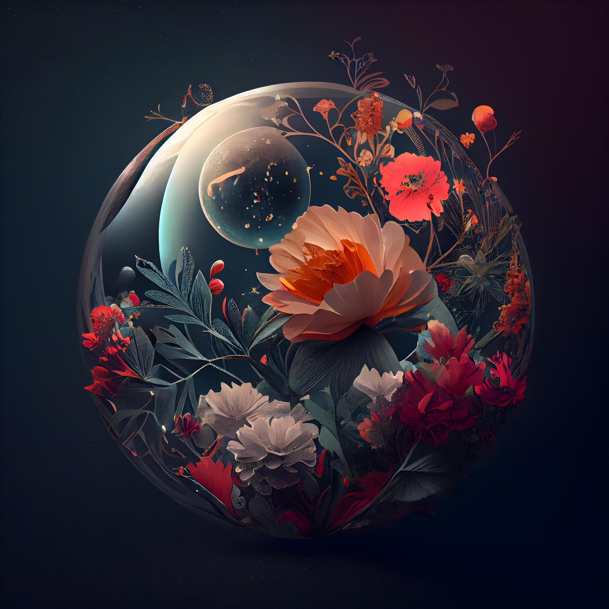 Beautiful fantasy planet with flowers and moon on dark background. illustration., Image Stock Free