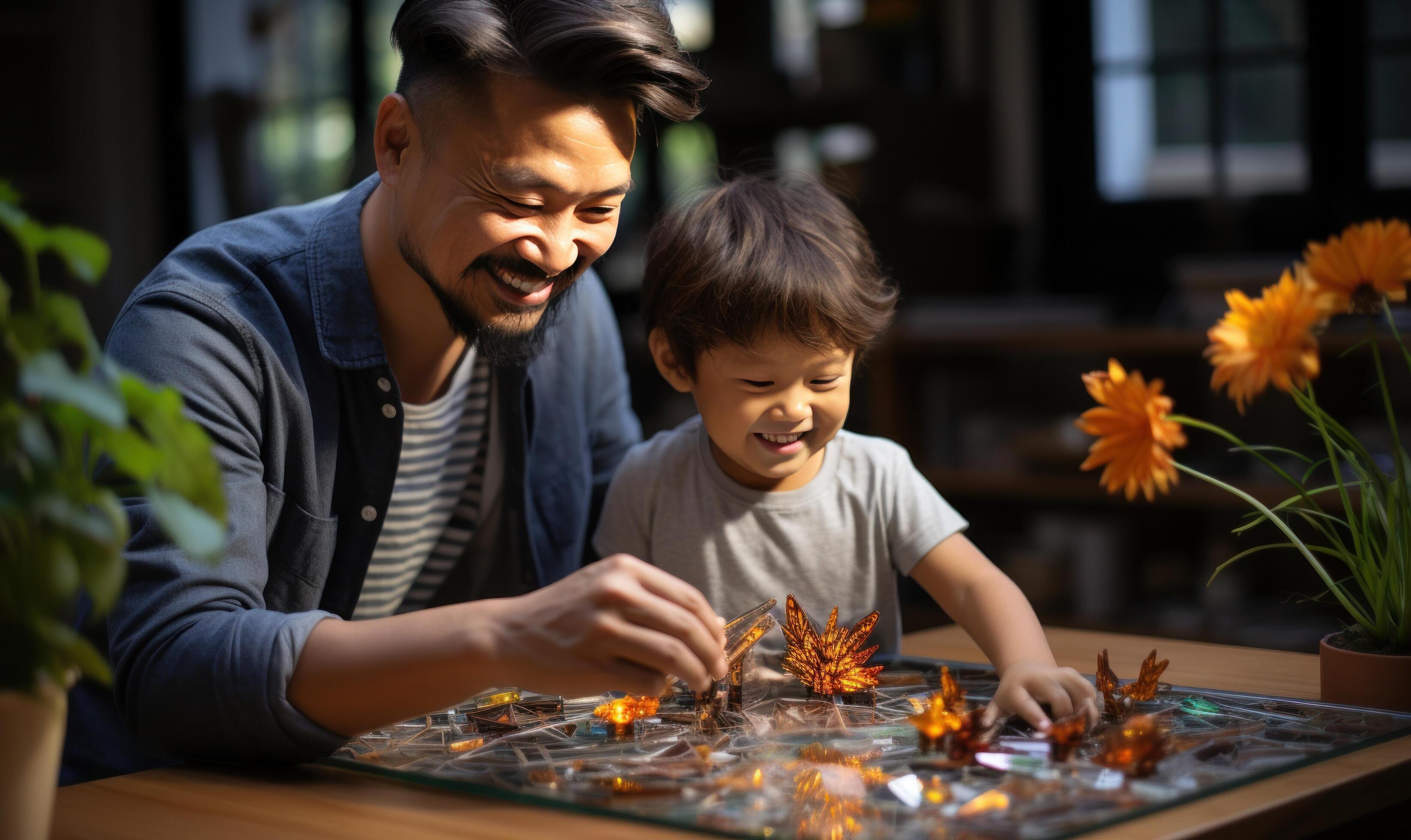 AI generated happy family man with his son playing on the table Stock Free