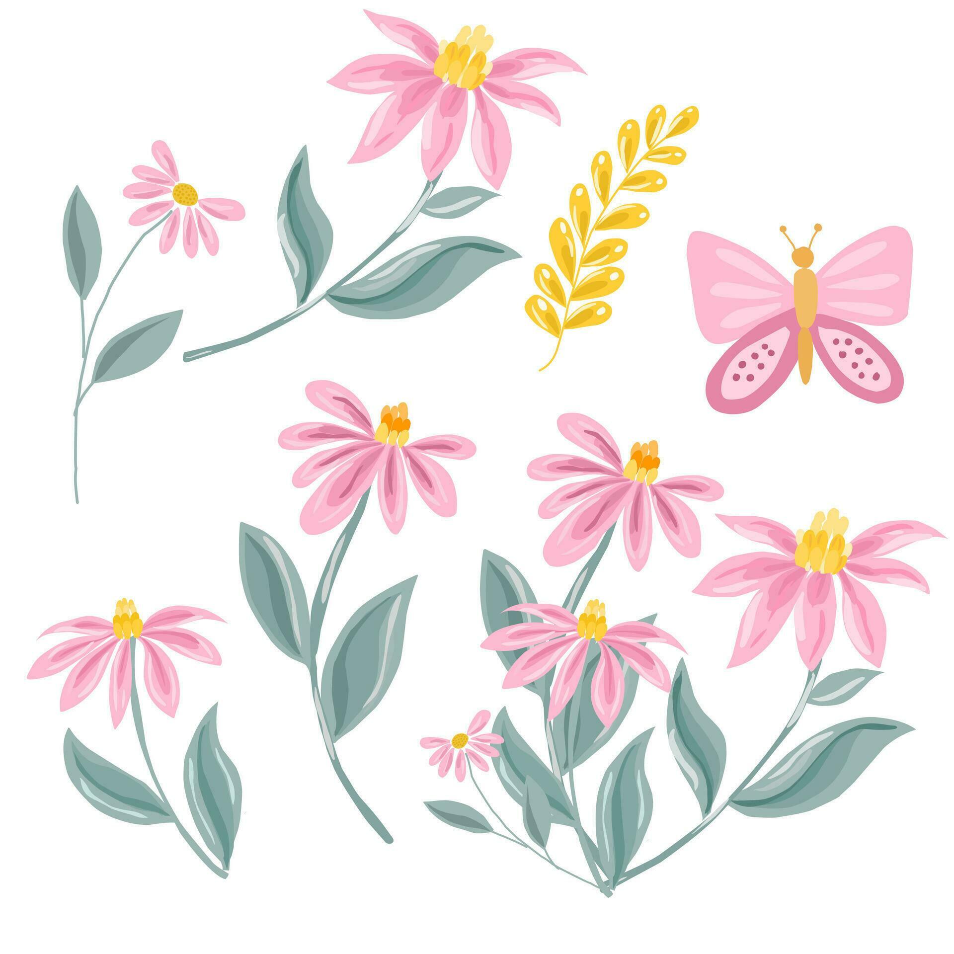 Hand Drawn Pink Wild Flower Set Stock Free