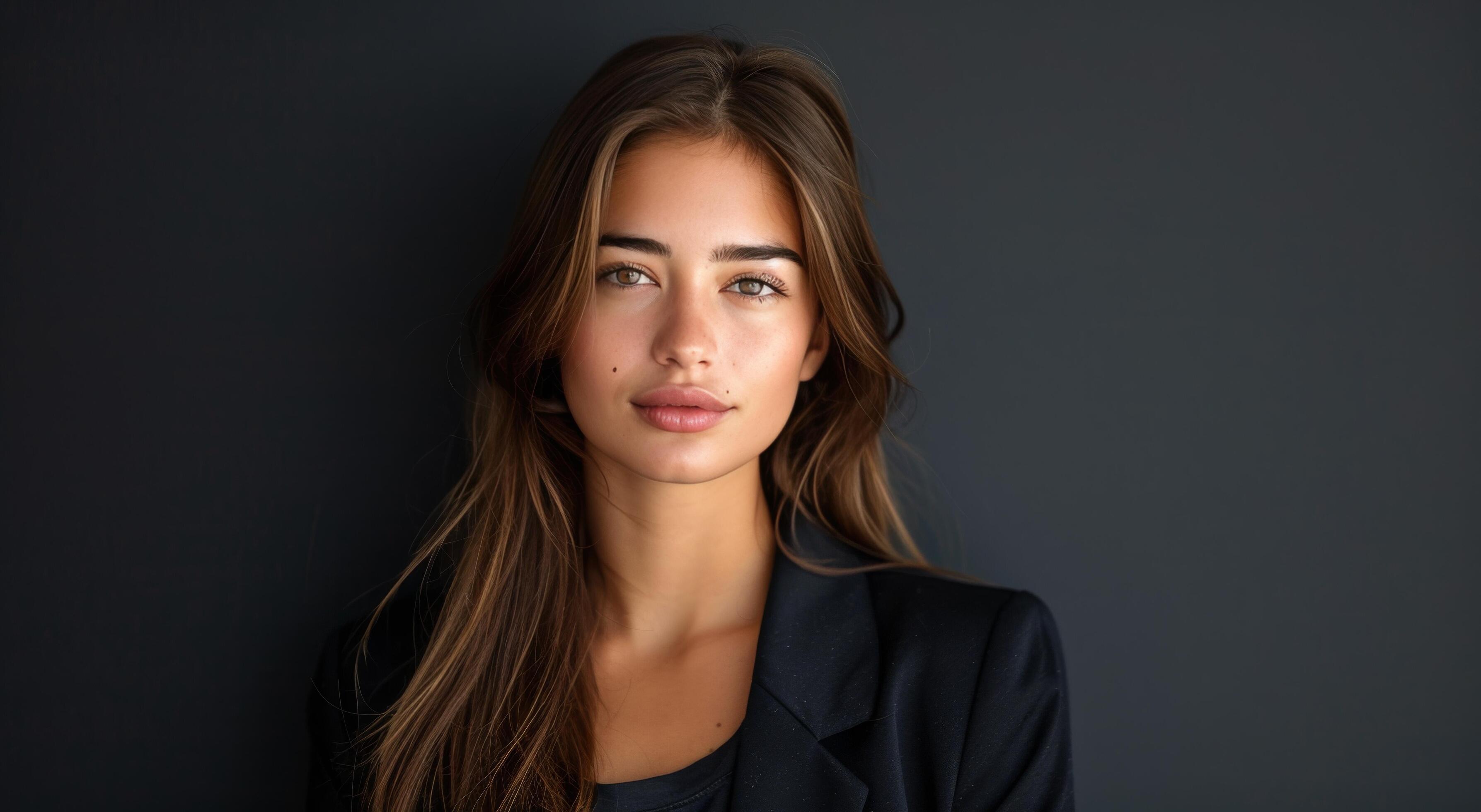 Portrait of a Woman With Long Brown Hair Wearing a Black Blazer Against a Dark Background Stock Free