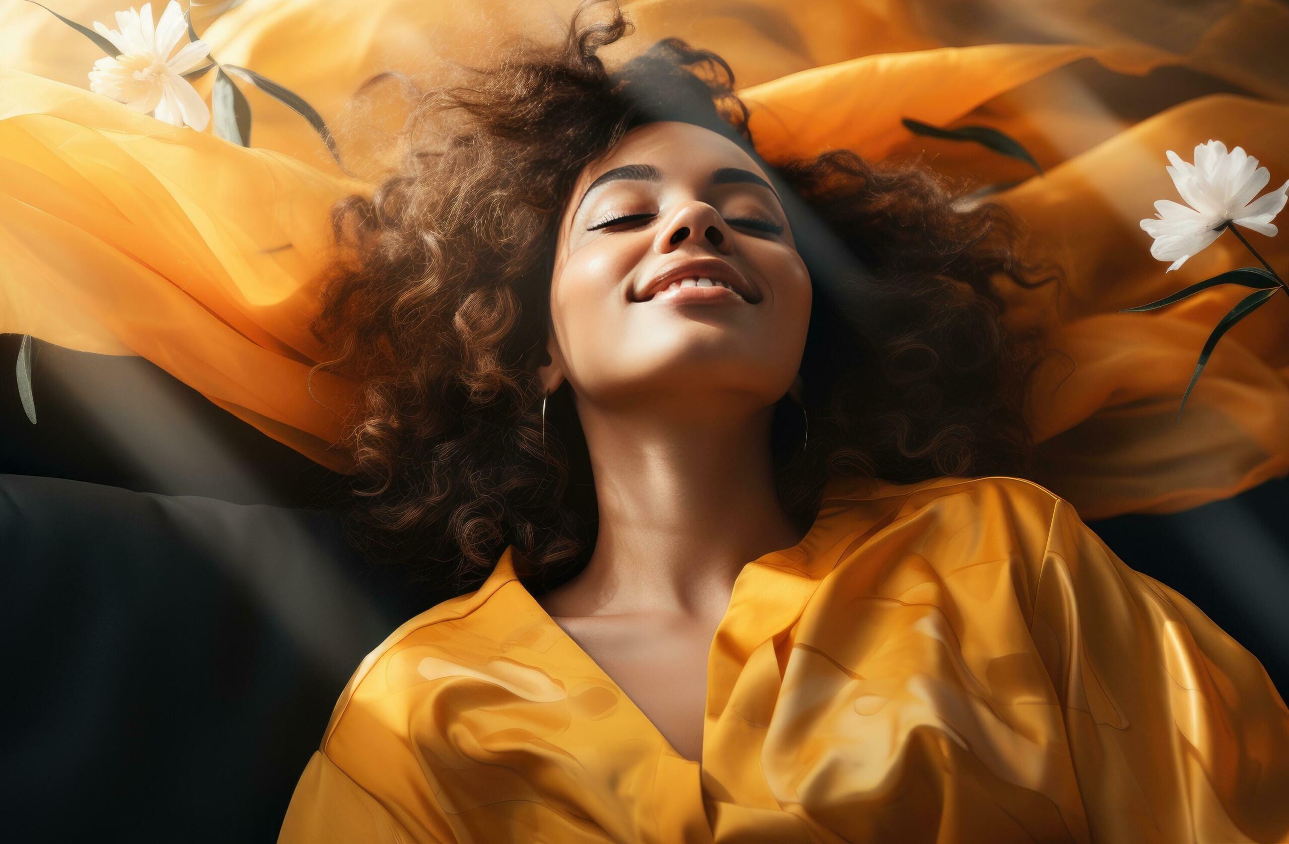 woman in yellow shirt smiling to herself and resting on a couch Free Photo