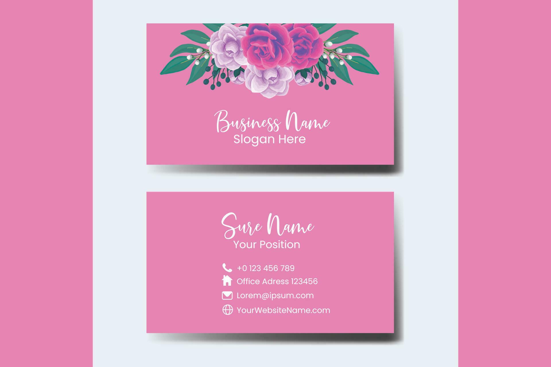 Business Card Template Rose with Anemone Flower Watercolor Stock Free