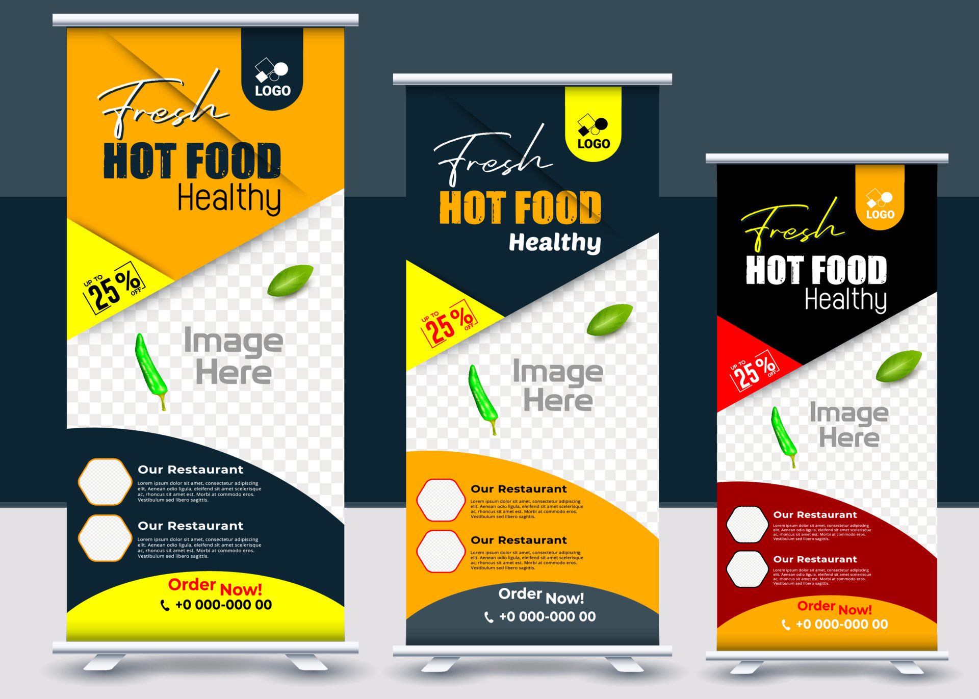 Food and Restaurant roll up banner design template, Standee Design Banner, Modern Business Food digital Roll Up Banner Free Vector