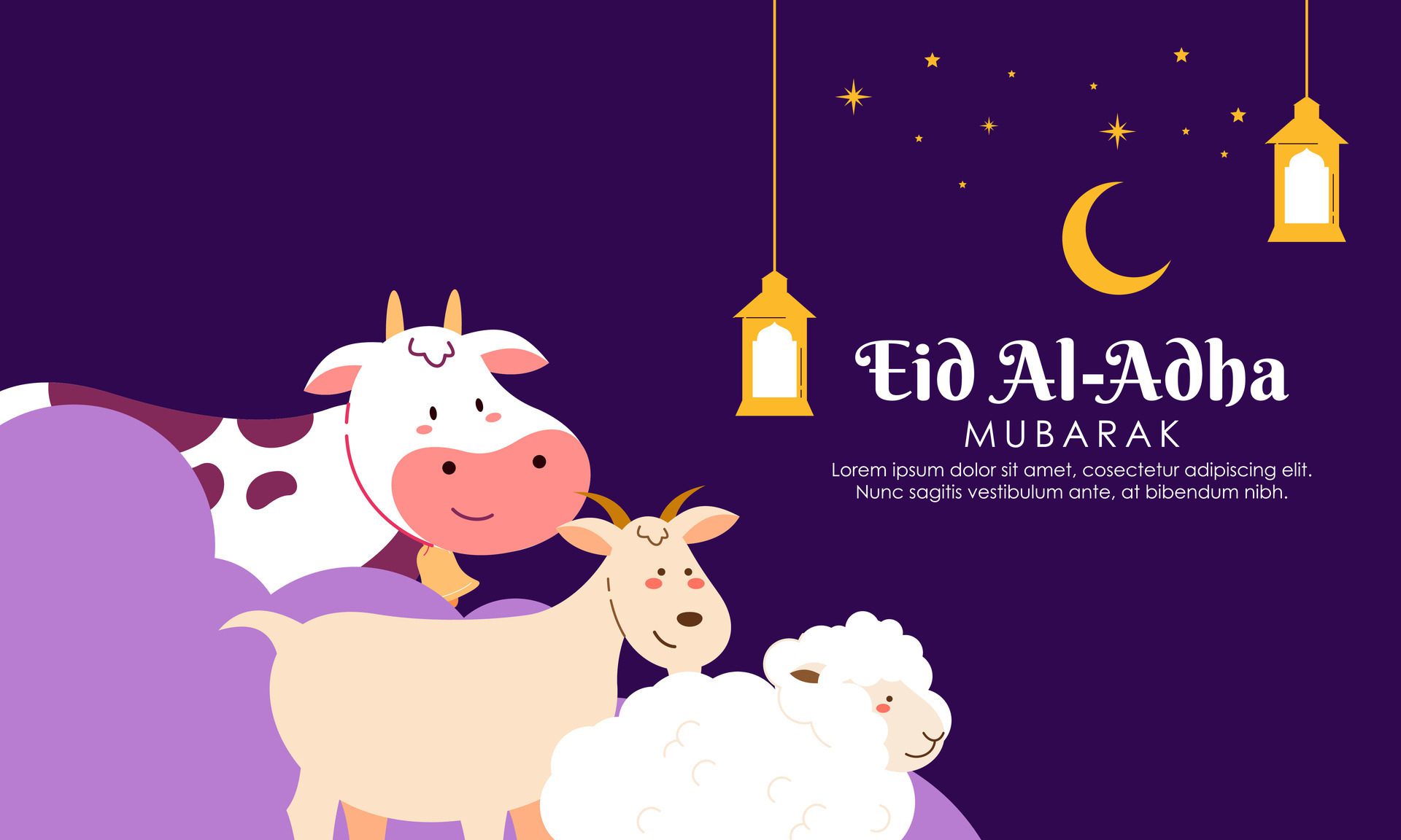 Happy Holy Eid Al Adha Mubarak Cute Banner Cartoon Doodle Illustration Free Vector