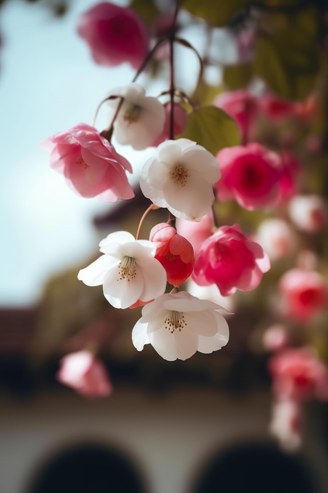 Spring, super real many pink and white silk crabapple flowers hanging on the shelf, pink and white petals, blue sky, generat ai Stock Free