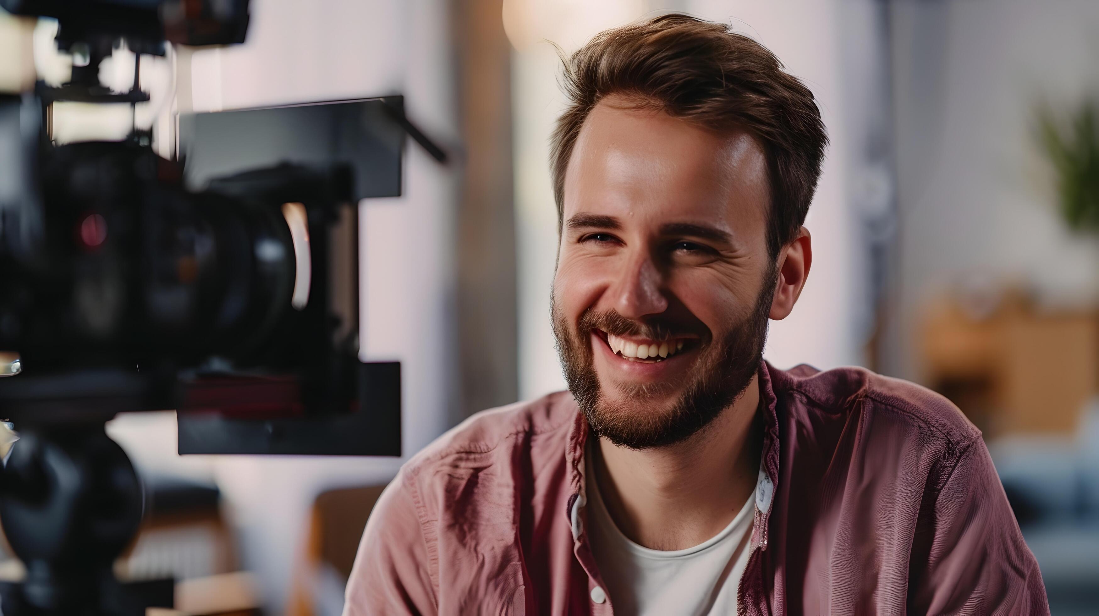 Confident Young Film Director Smiling at in Studio Setting Stock Free