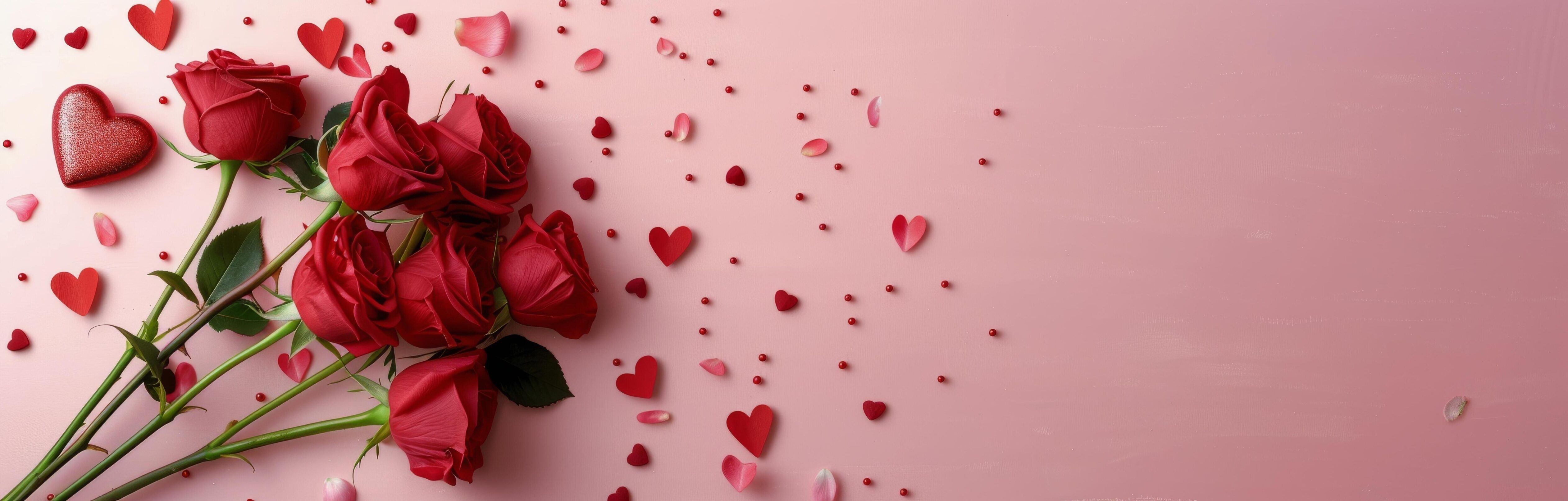 Bouquet of Pink and Red Roses Surrounded by Heart-Shaped Petals on Soft Background Stock Free