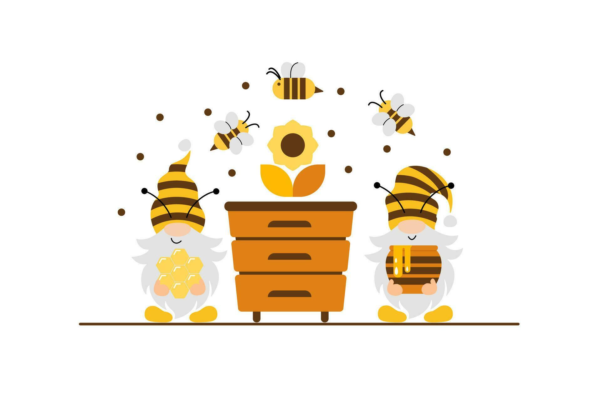 Vector illustration of bees, beehive, gnomes, honey pot, flowers. Stock Free