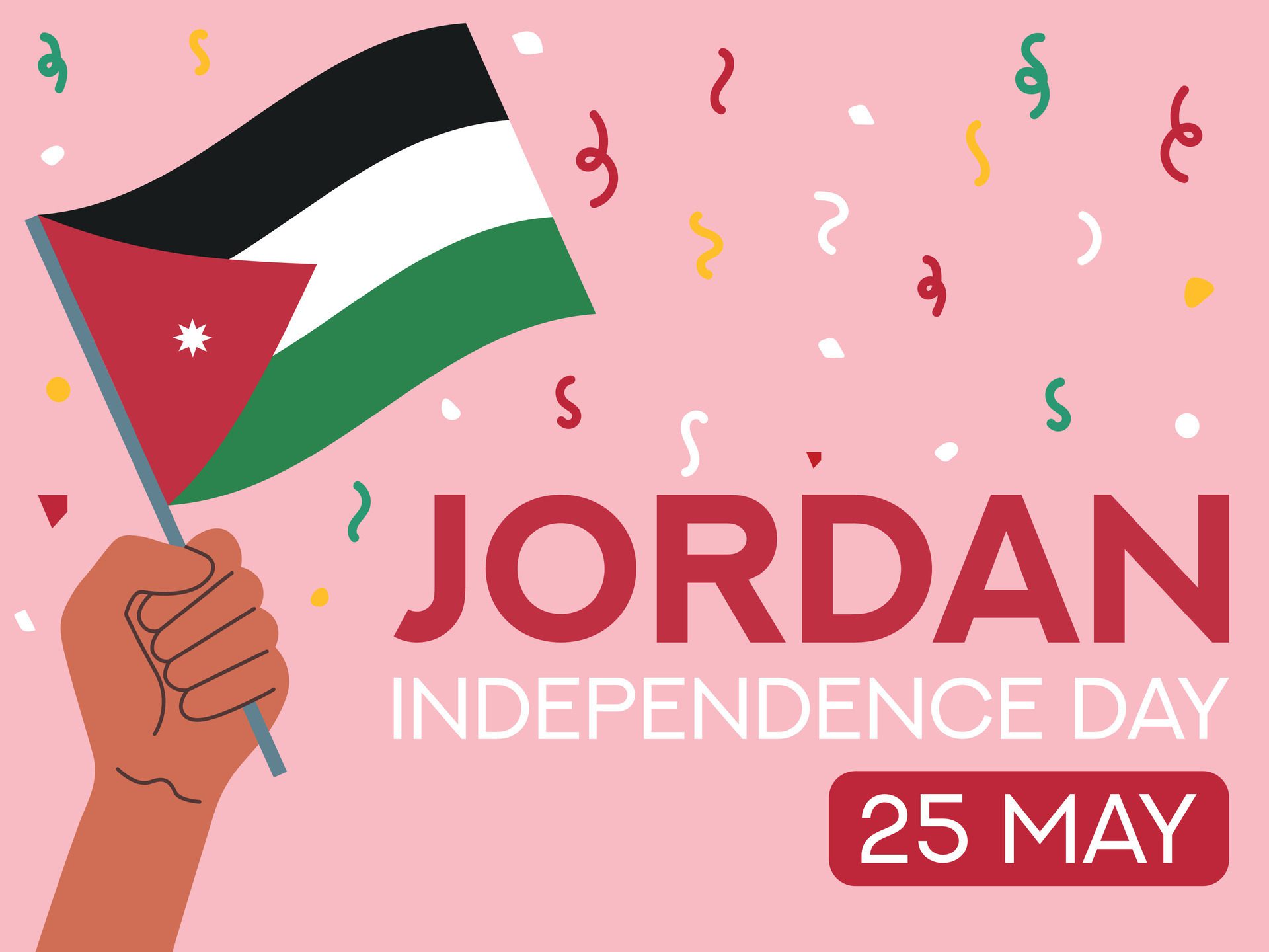 Jordan independence day 25 may. Jordan flag in hand. Greeting card, poster, banner template Free Vector