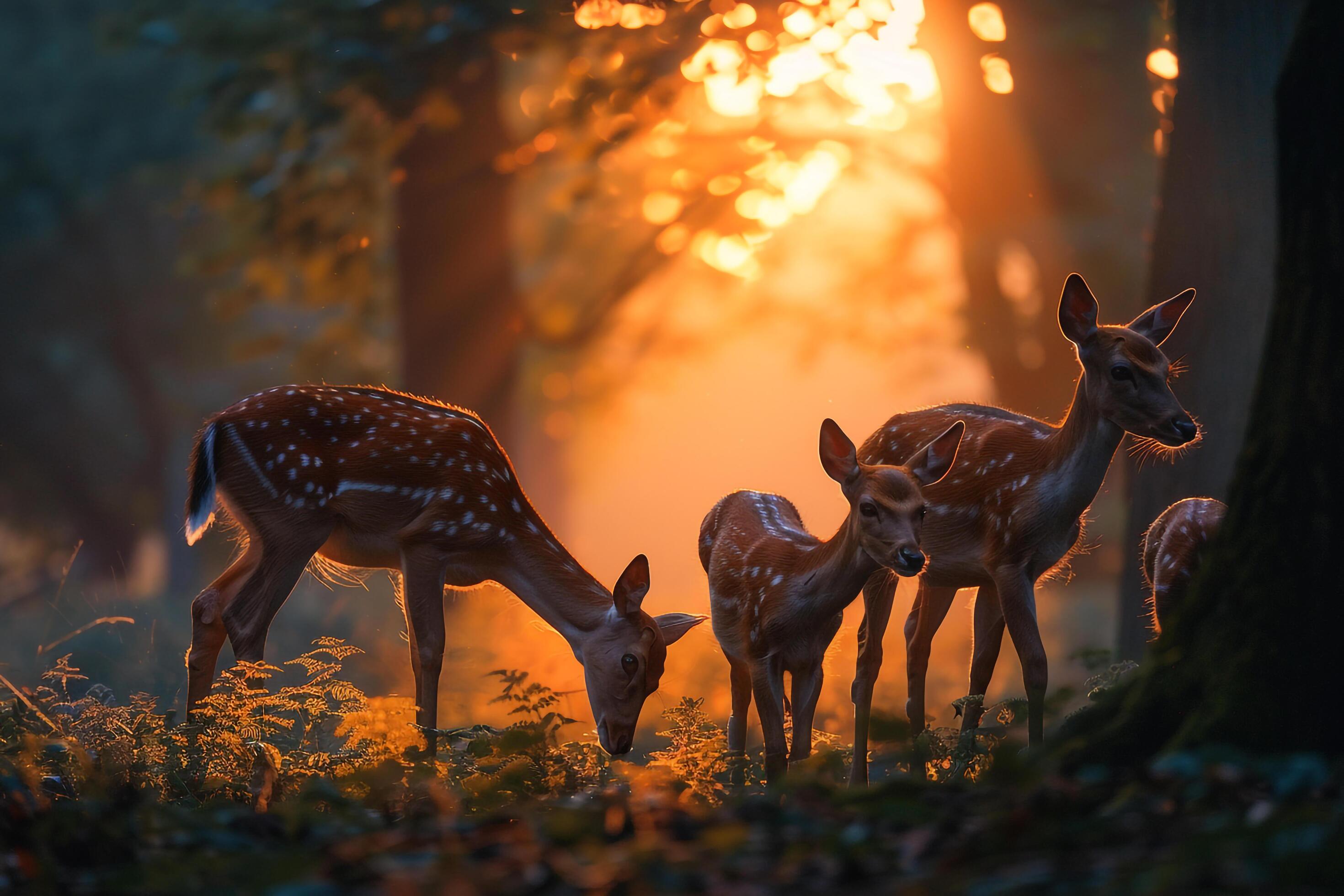 family of deer grazing in a forest clearing at dawn nature background Stock Free