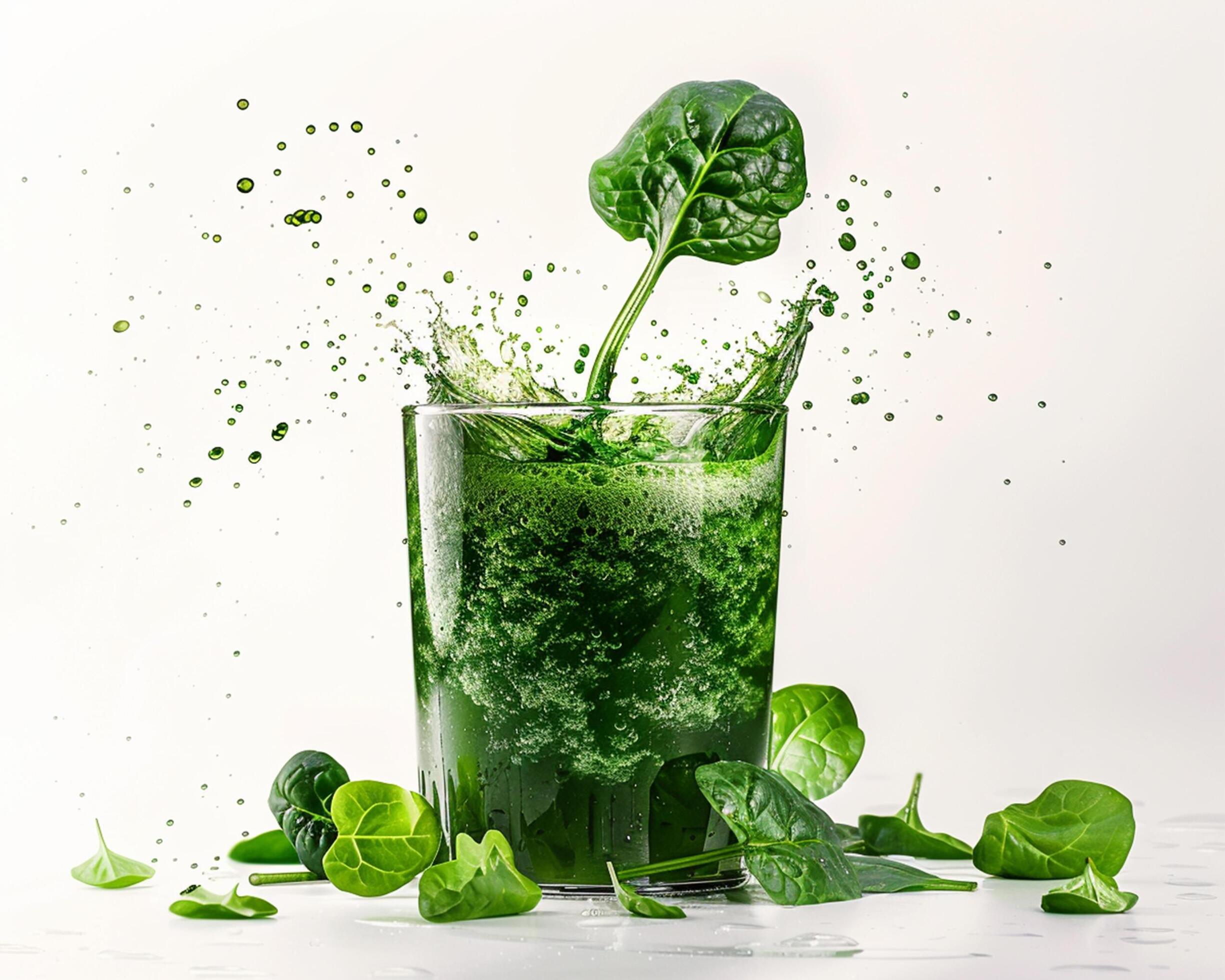 a glass of green juice with spinach leaves Stock Free