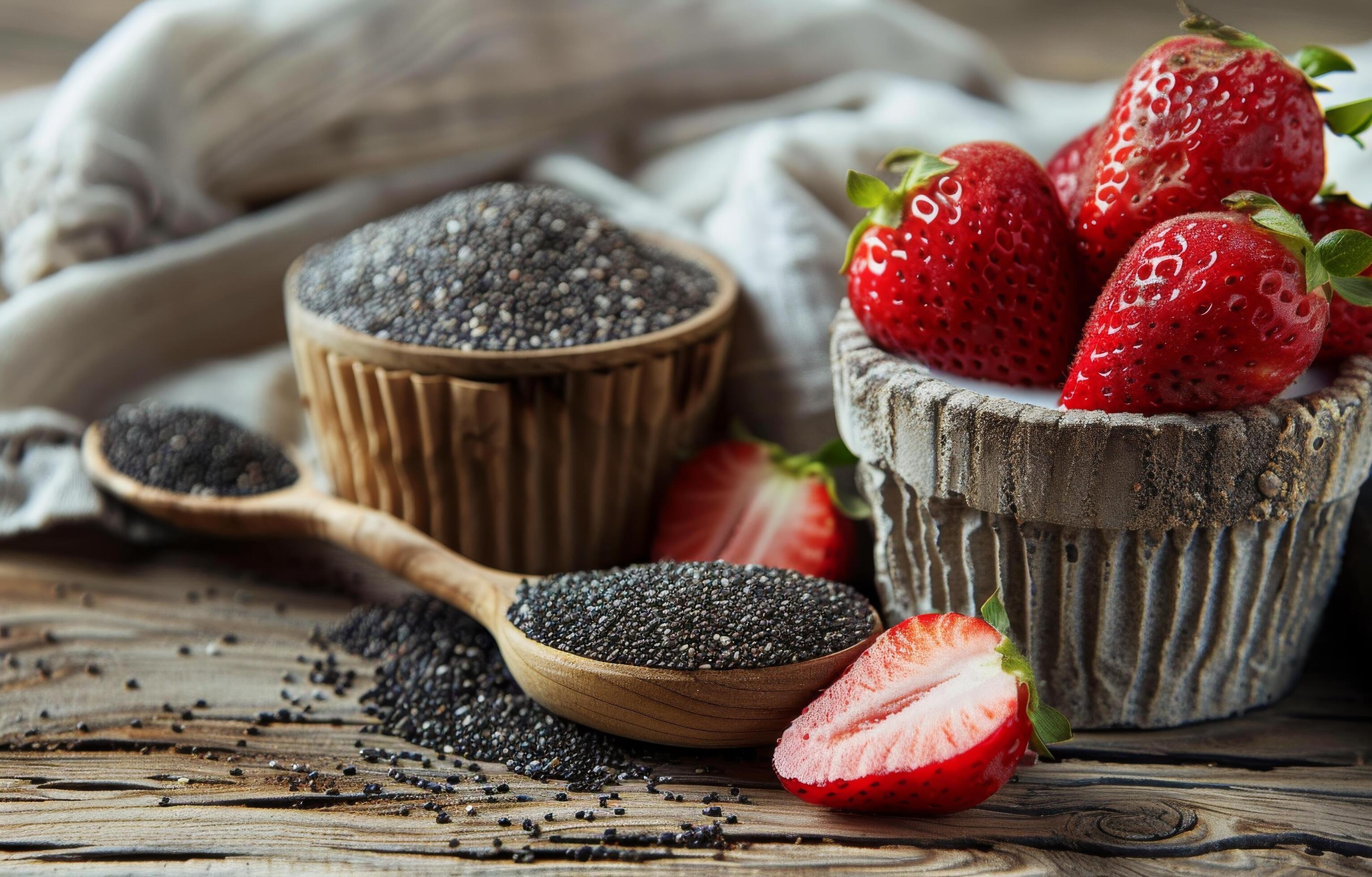 Fresh Strawberries and Chia Seeds on Rustic Wooden Table Stock Free