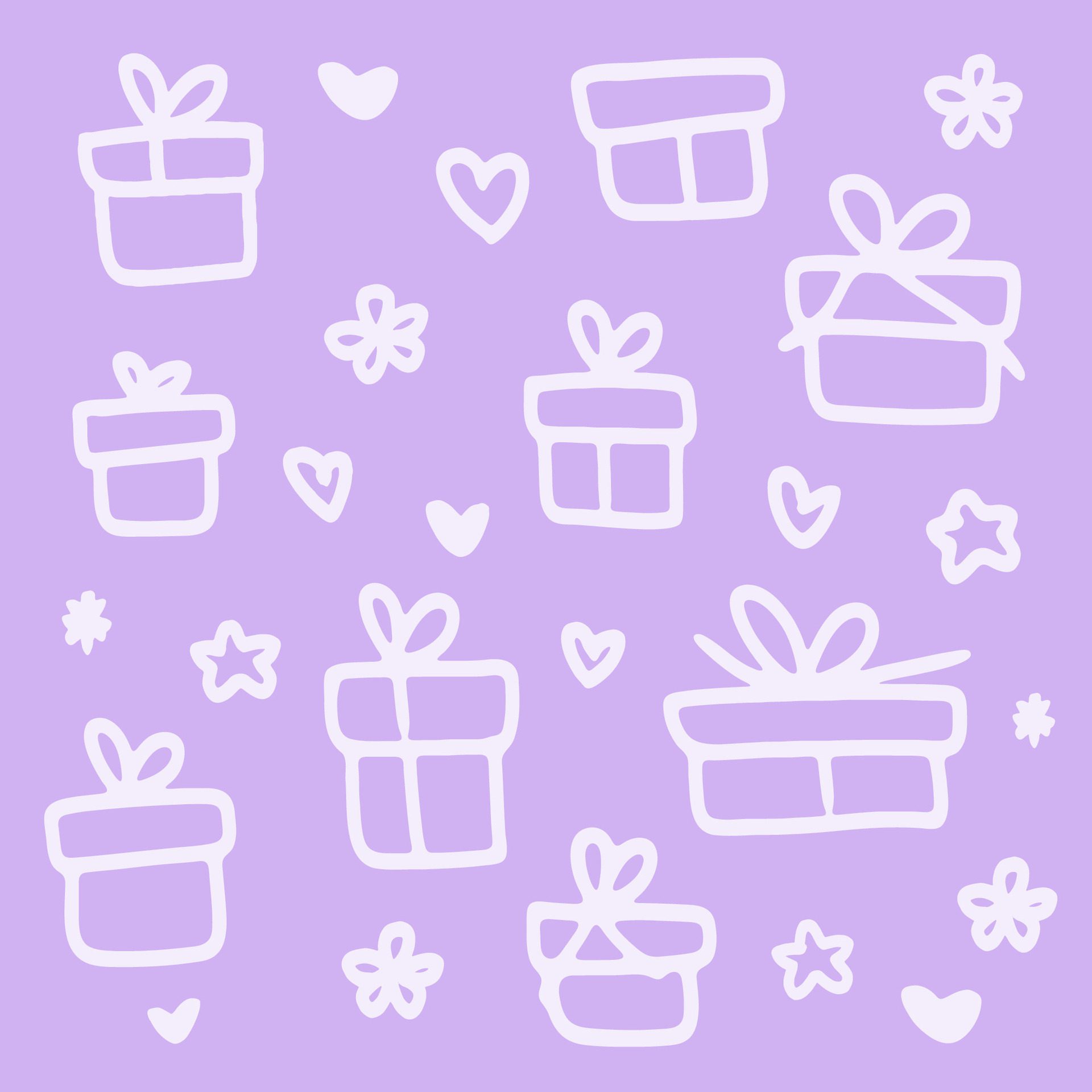 Hand draw pattern of gift boxes flowers and hearts on purple background Free Vector