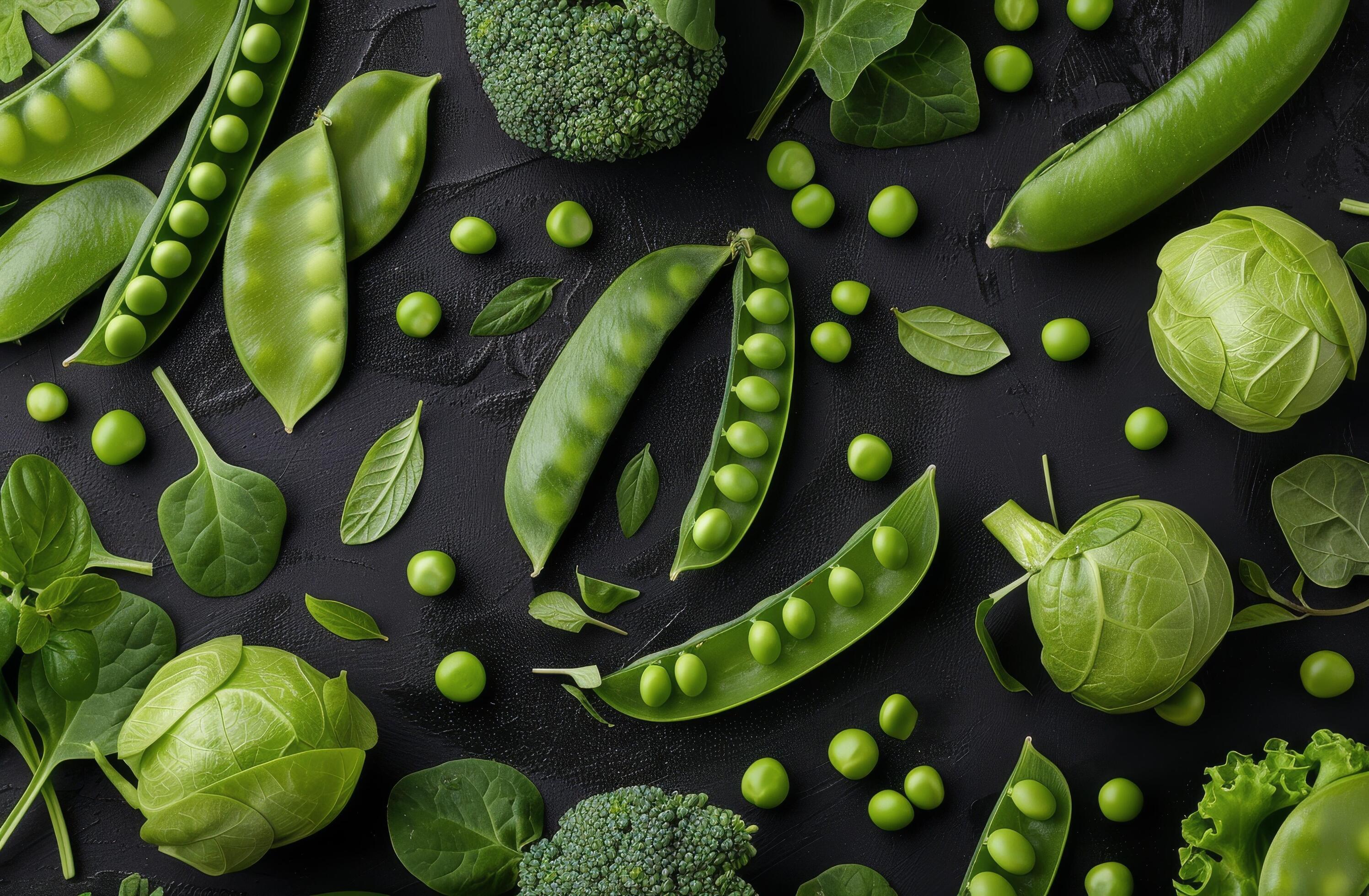 Fresh Green Peas and Pods on Black Background Stock Free