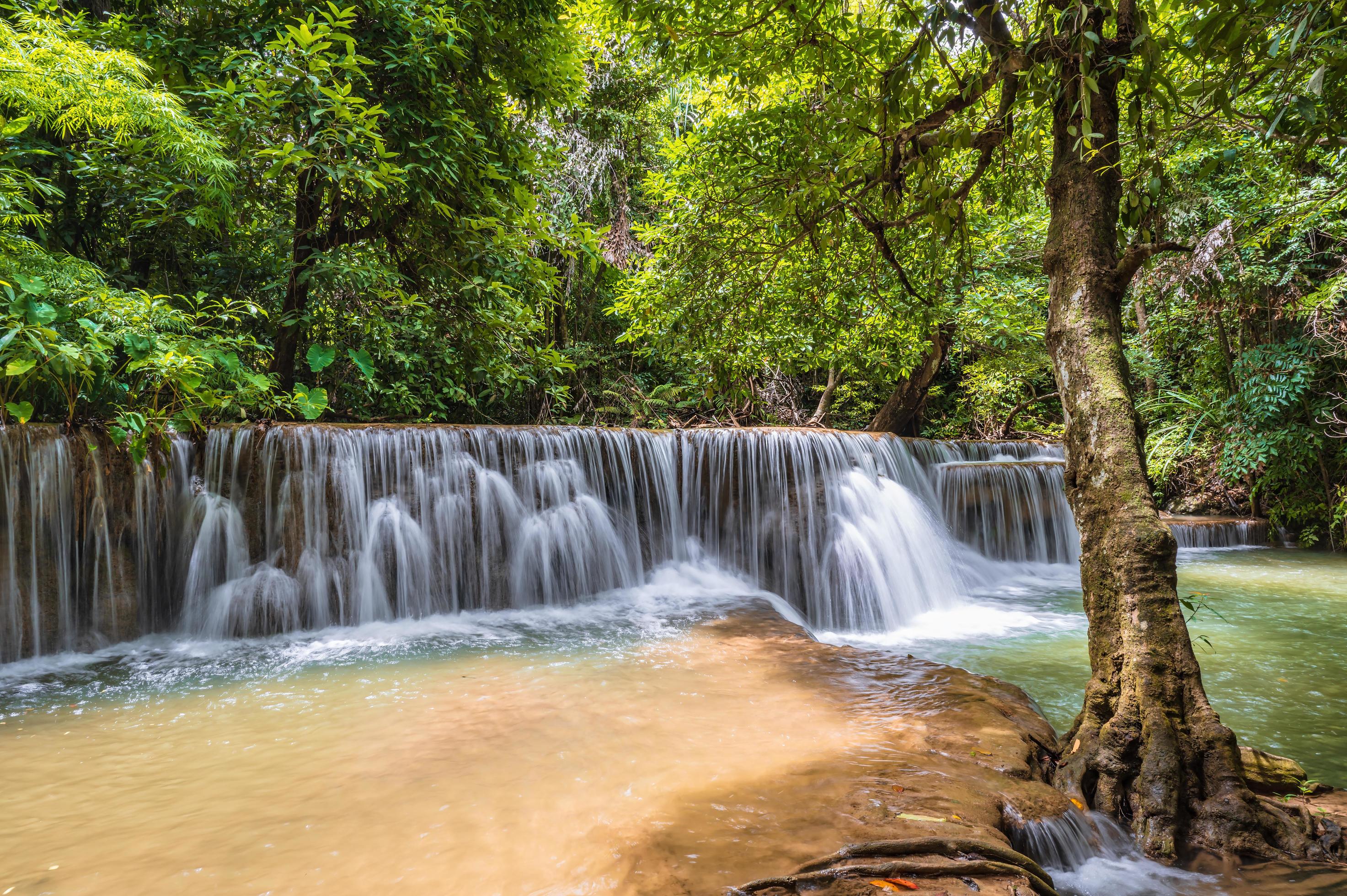 Landscape Waterfall of Huai mae khamin waterfall Srinakarin national park at Kanchanaburi thailand. Stock Free