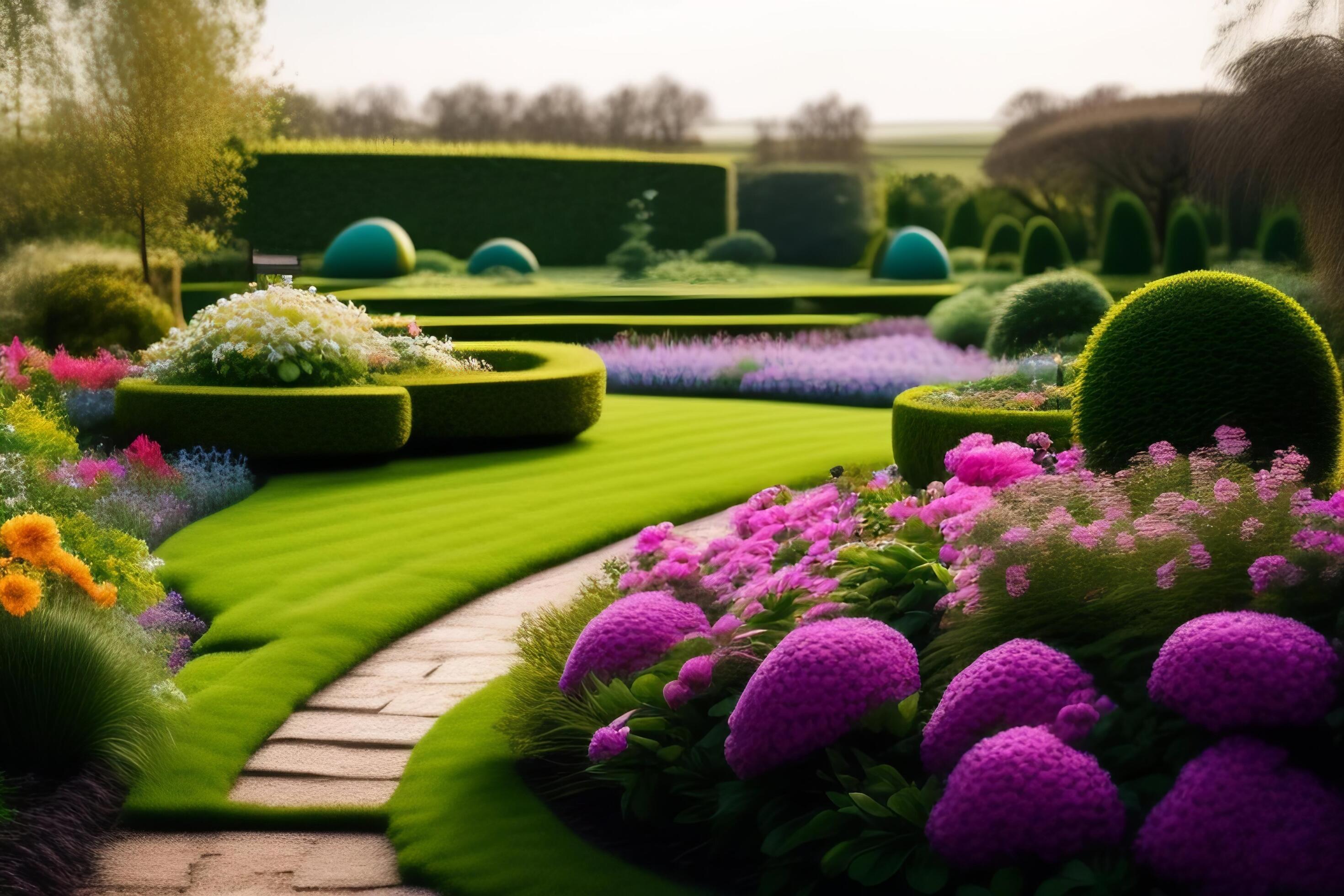 Beautiful ornamental garden with blooming flowers and green grass. Stock Free