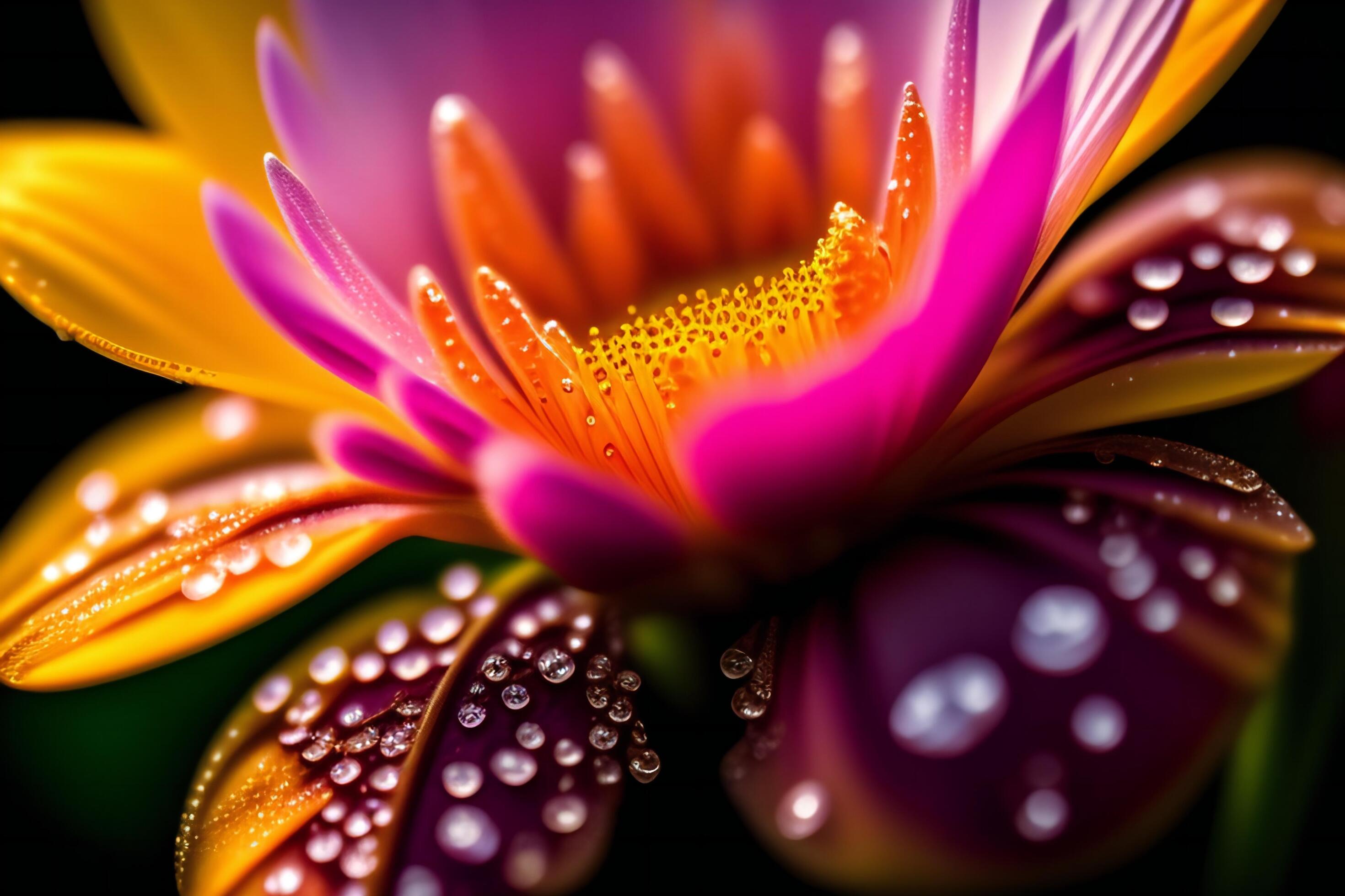 Macro close-up of a flower in bloom with dew drops. Stock Free