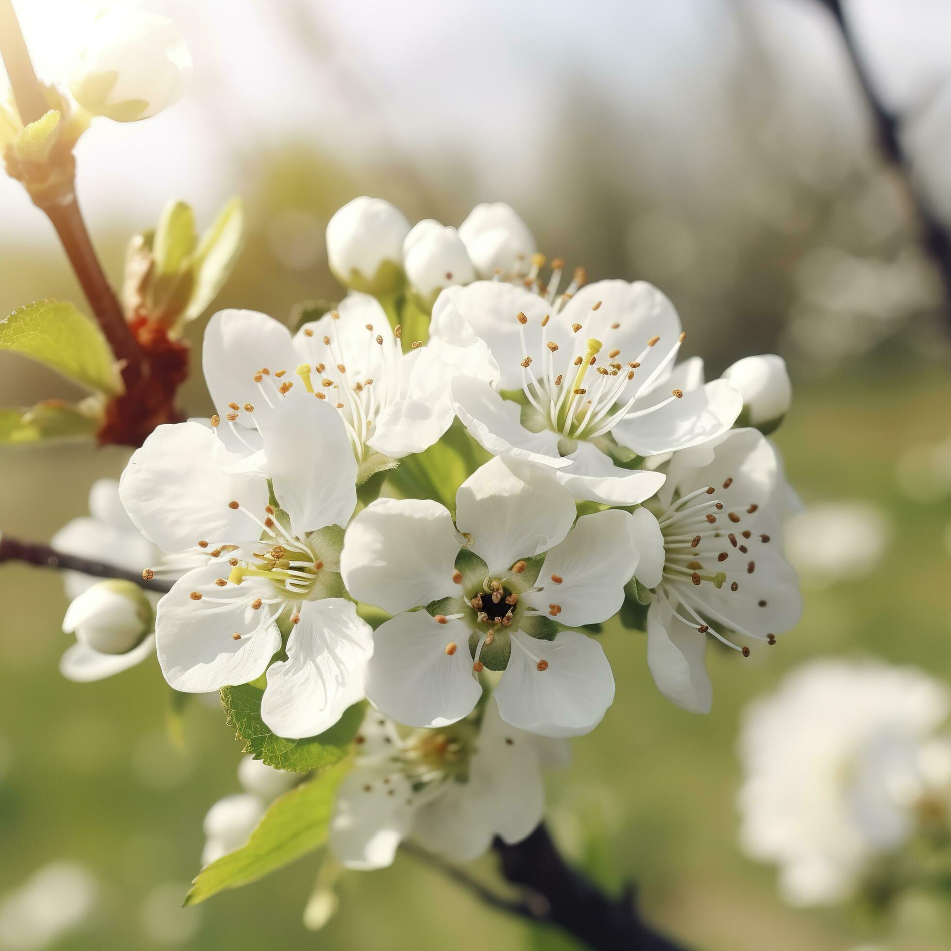 Beautiful blooming trees in orchard, cherry spring flowers, White flowers , generat ai Stock Free