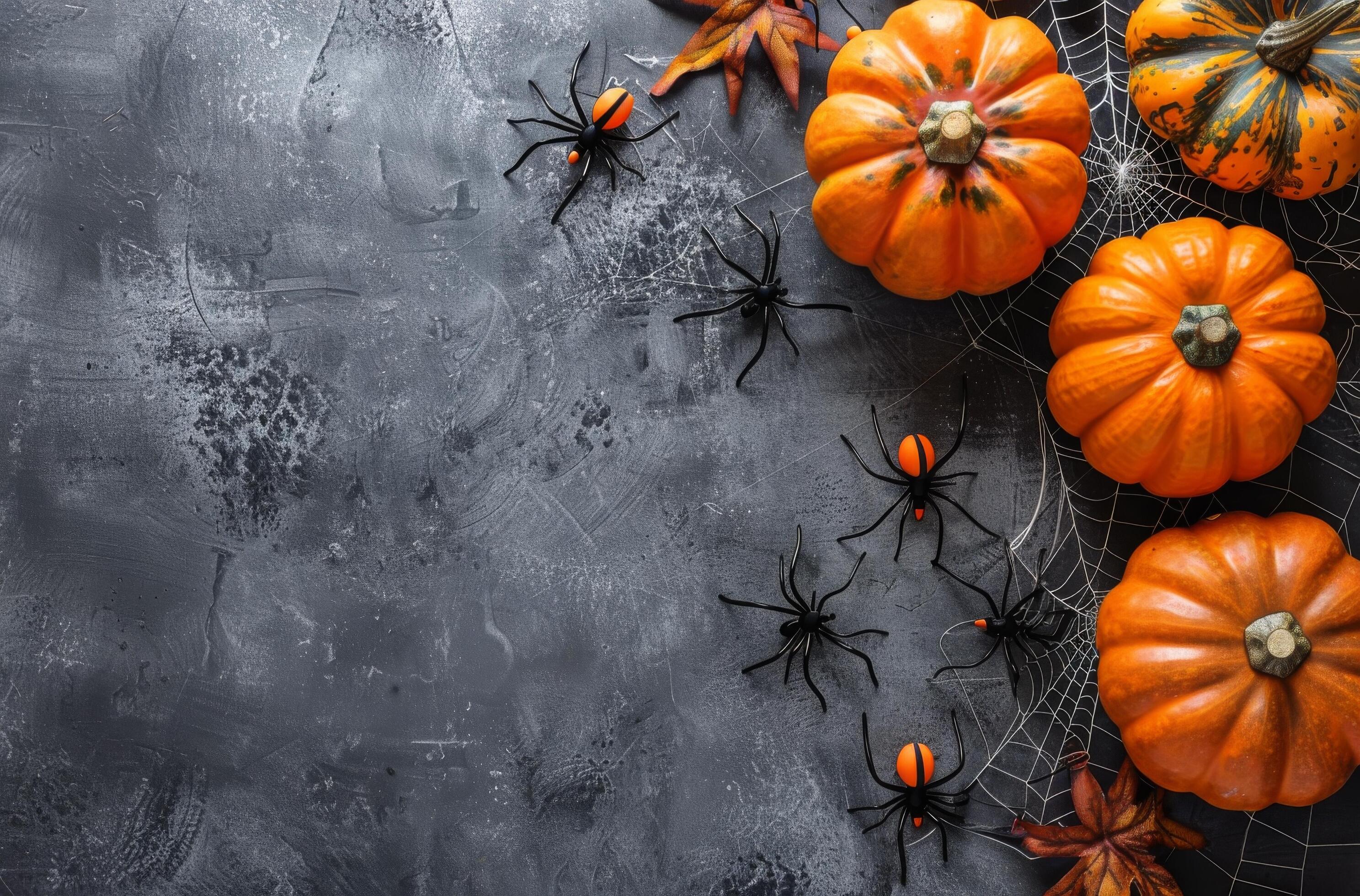 Orange Pumpkins and Black Spiders on Dark Grey Background for Halloween Stock Free