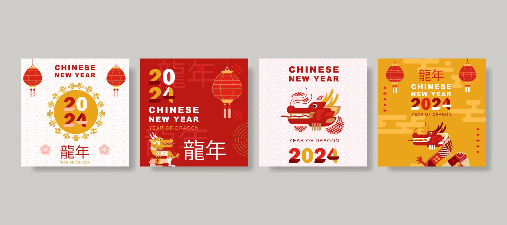 modern art Chinese New Year 2024 design set for social media post, cover, card, poster, banner. Free Vector