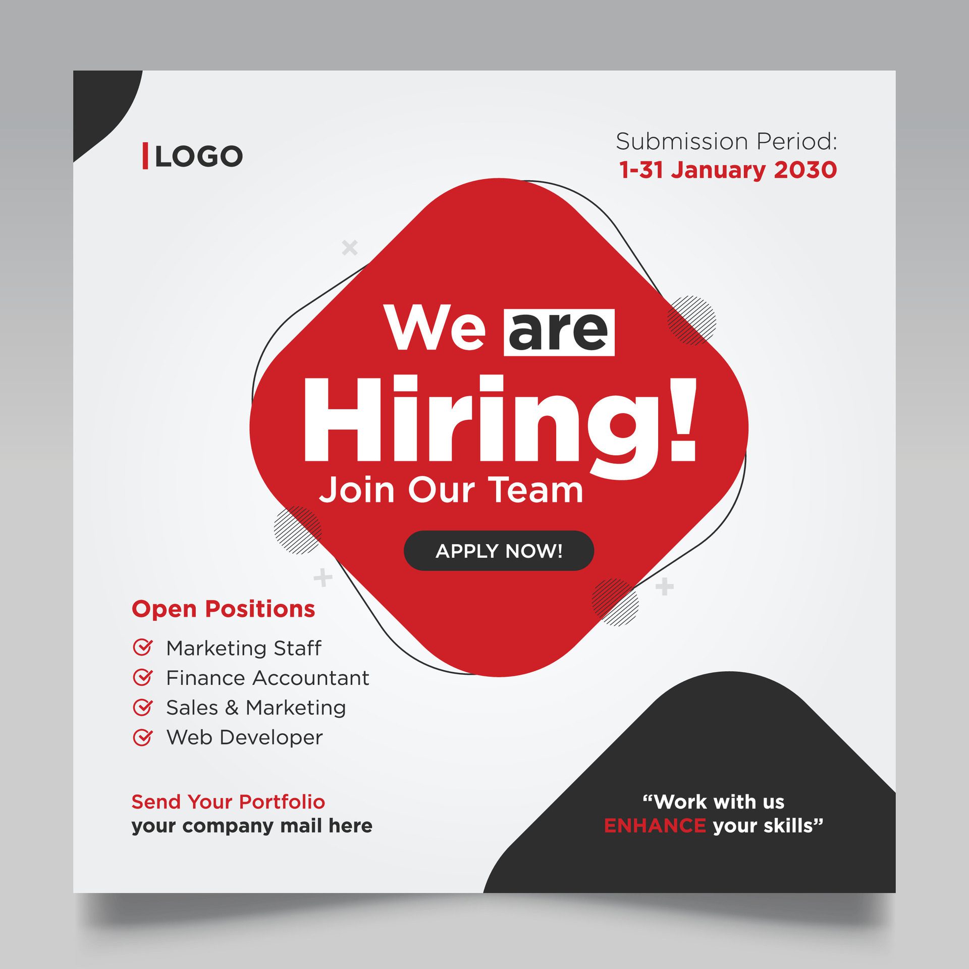 We are hiring job vacancy social media post design template. square web banner template or employee recruitment post banner design. Free Vector