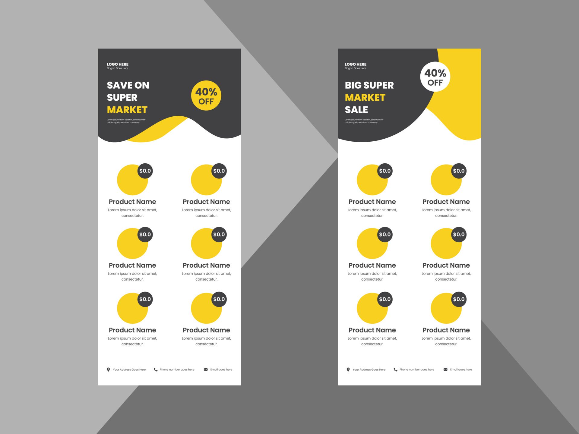 
									supermarket roll up banner design. super sale banner template. discount sale flyer, dl flyer design. supermarket roll up banner in yellow color. Free Vector