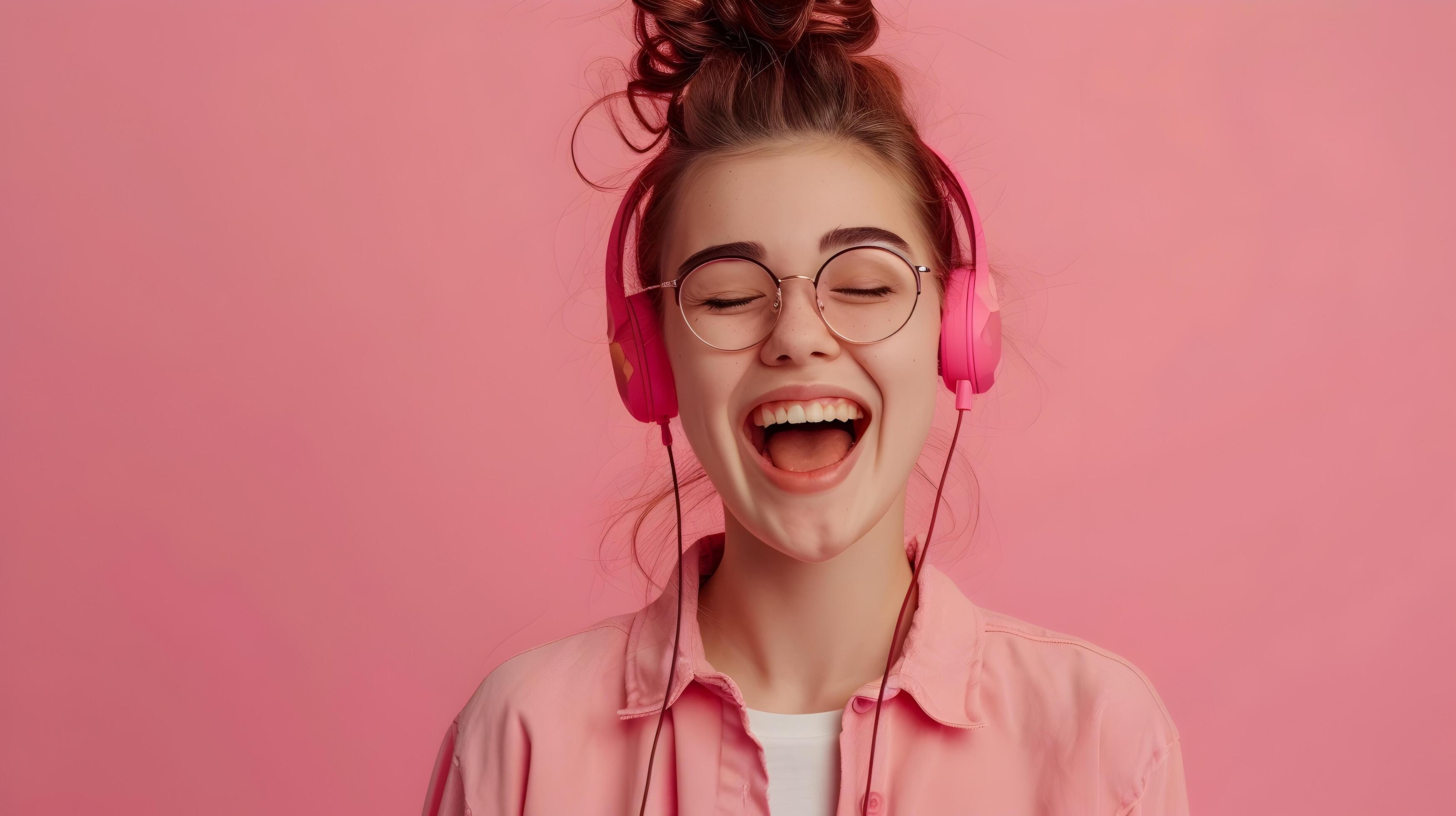 Joyful Young Woman Wearing Headphones on Pink Background Stock Free